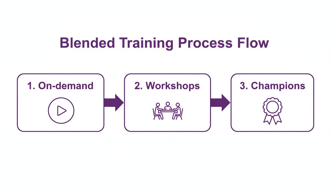 A three-step blended training process flow diagram showing On-demand, Workshops, and Champions.