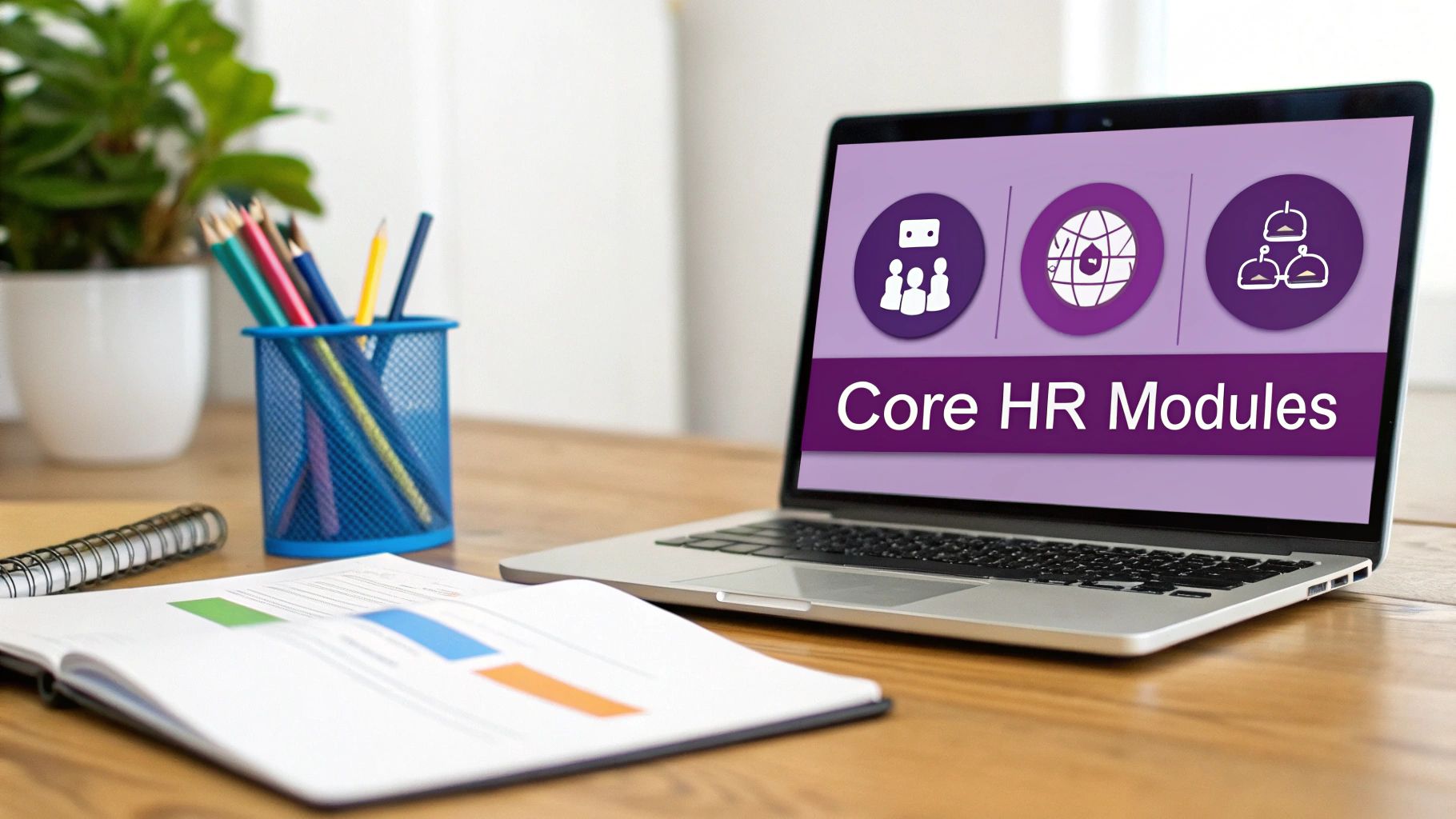 A laptop displays "Core HR Modules" with icons, alongside an open notebook and colourful pens on a desk.