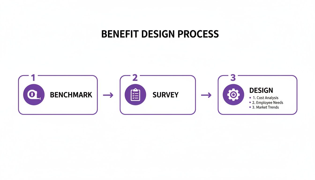 A three-step process diagram illustrating benefit design, including benchmarking, surveying, and final design considerations.