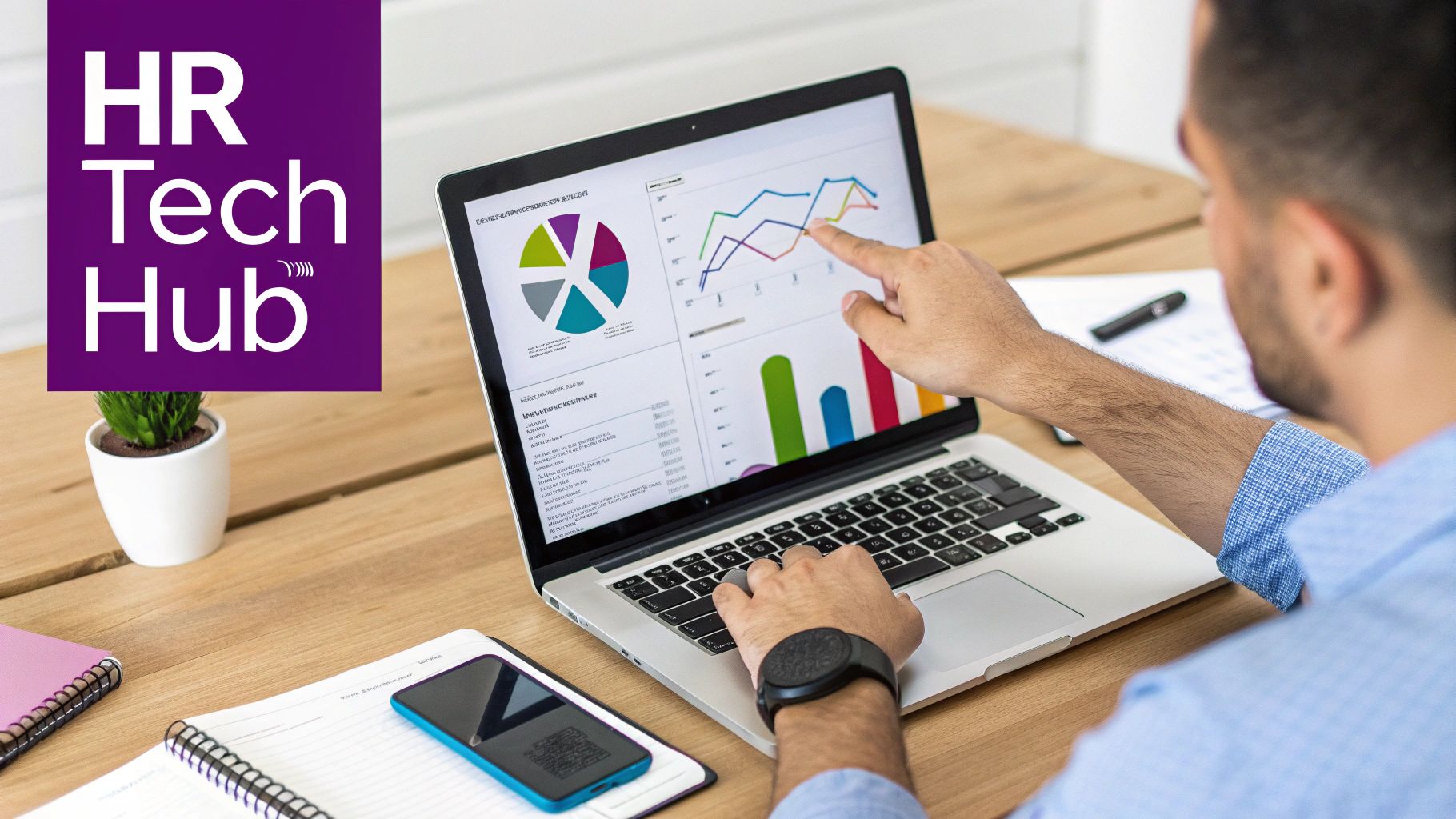 Man analyzing HR data on a laptop screen with charts and graphs, featuring the HR Tech Hub logo.
