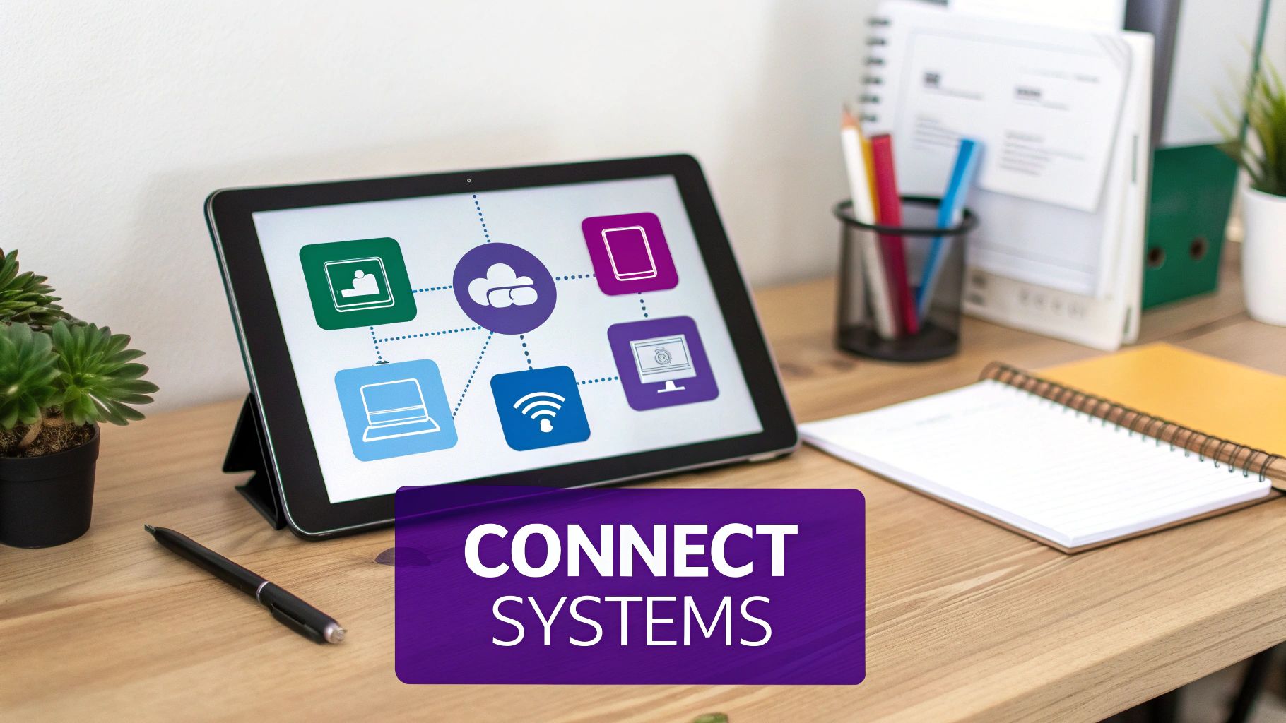 A tablet on a wooden desk displays a network diagram of connected cloud, laptop, mobile, and Wi-Fi systems.