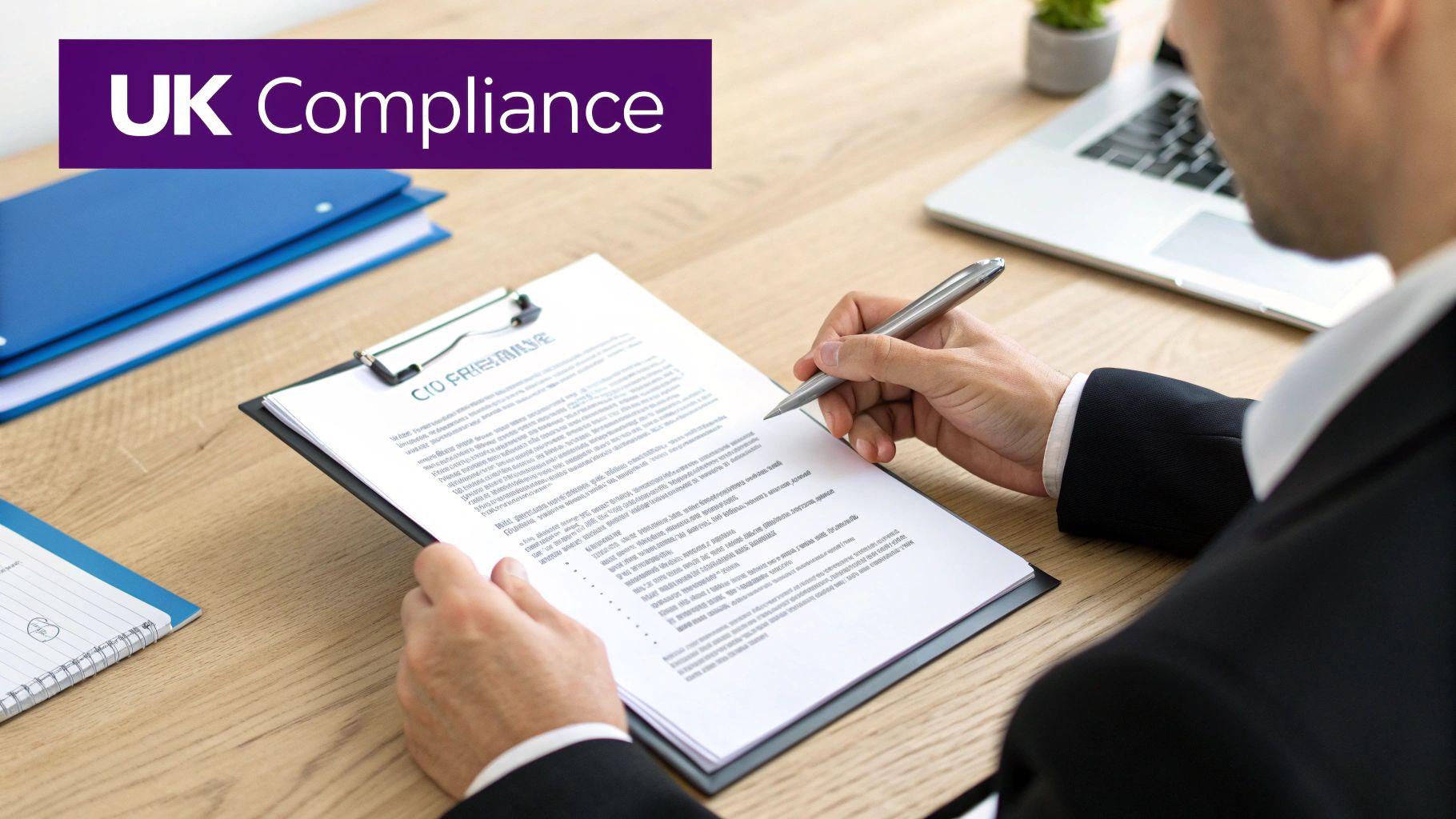 A person in a suit writing on a document on a clipboard at a desk, with 'UK Compliance' visible.
