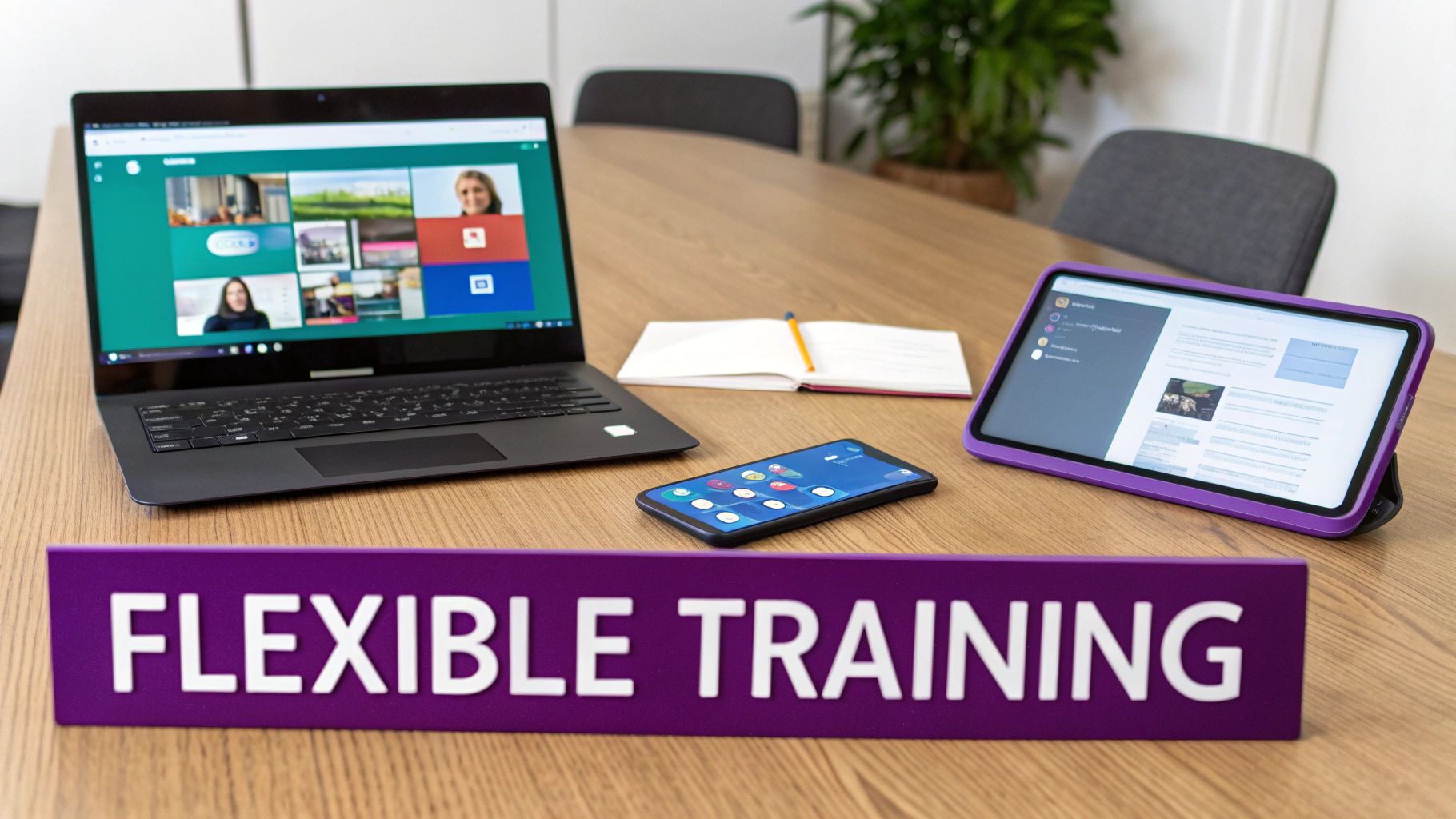 A modern workspace setup with a laptop, tablet, smartphone, and a 'FLEXIBLE TRAINING' sign.