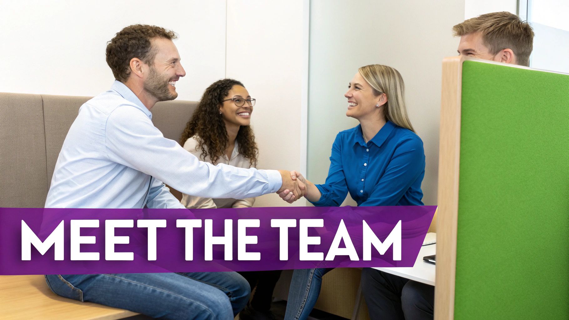 A diverse group of smiling professionals shaking hands in an office, with 'MEET THE TEAM' text.