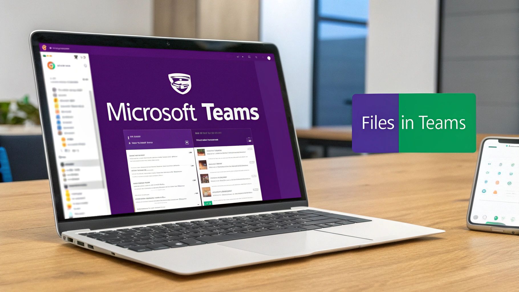 A laptop displaying Microsoft Teams, a 'Files in Teams' banner, and a smartphone on a wooden desk.