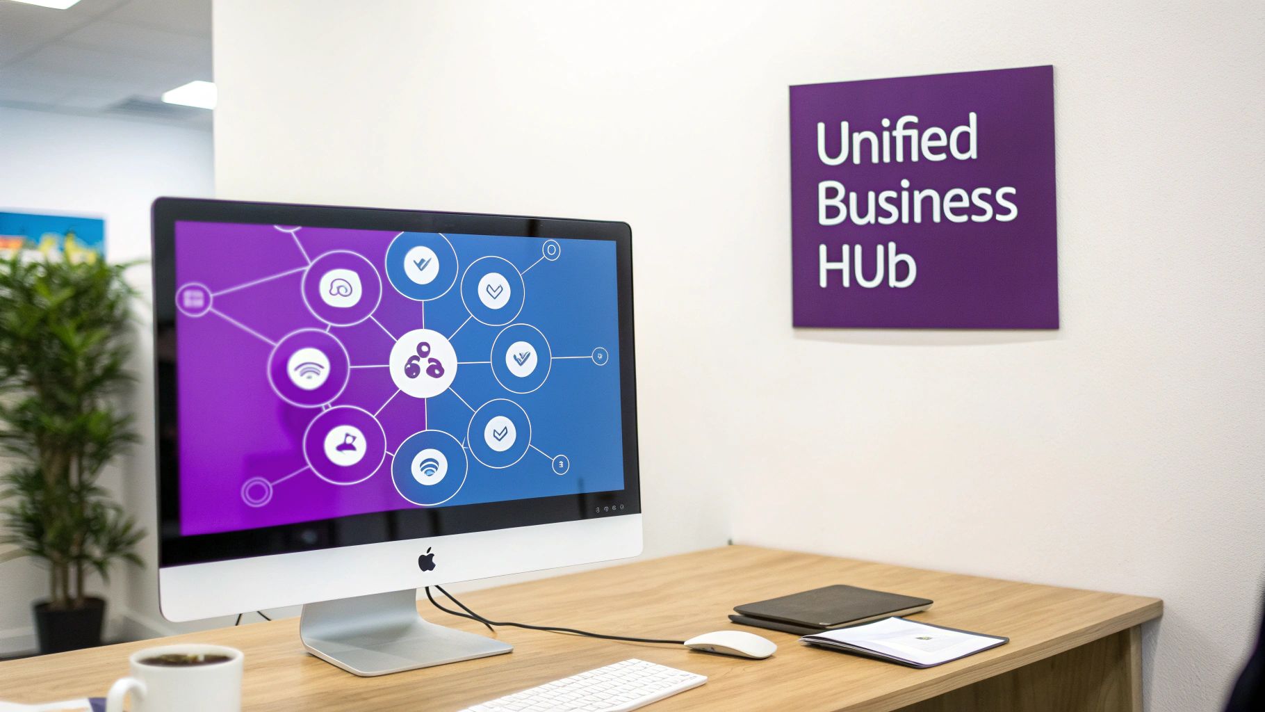 Computer monitor displaying Unified Business Hub network diagram on modern office desk workspace