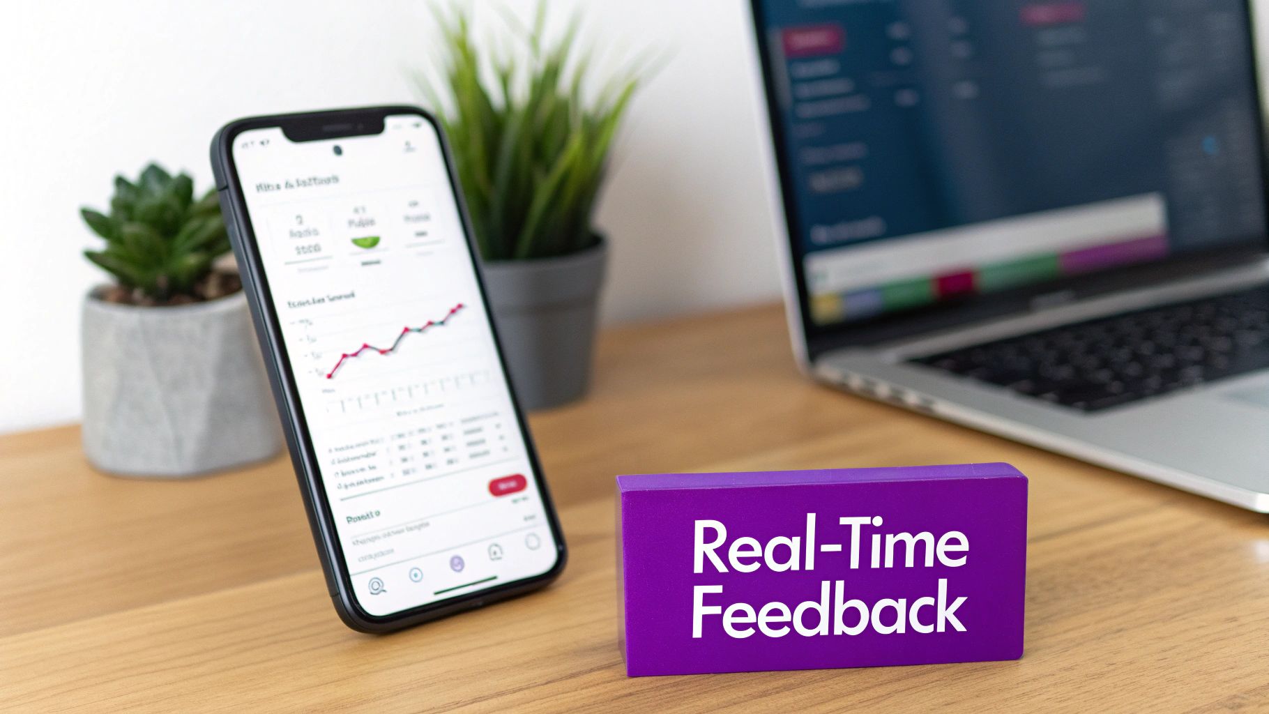 A smartphone displaying a data graph next to a purple block labeled 'Real-Time Feedback' on a desk.