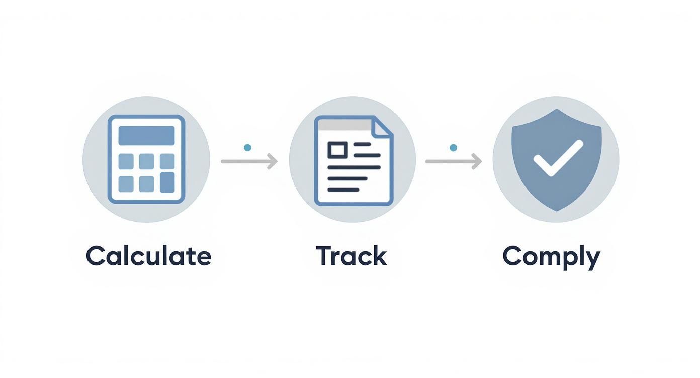 An infographic showing the process flow for tracking TOIL, with icons for Calculate, Track, and Comply.