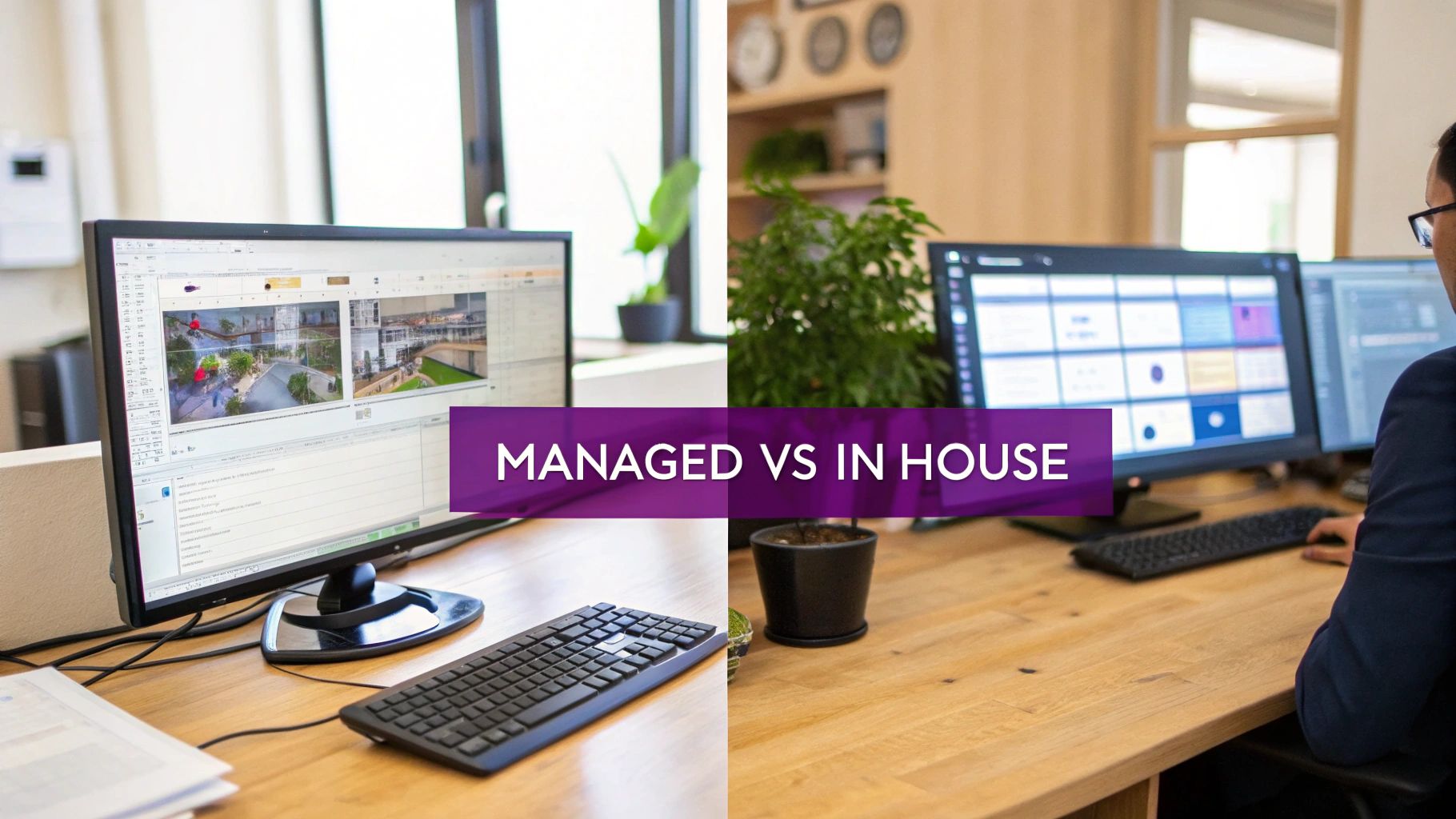 Split image showing two office setups with monitors, comparing managed versus in-house services.