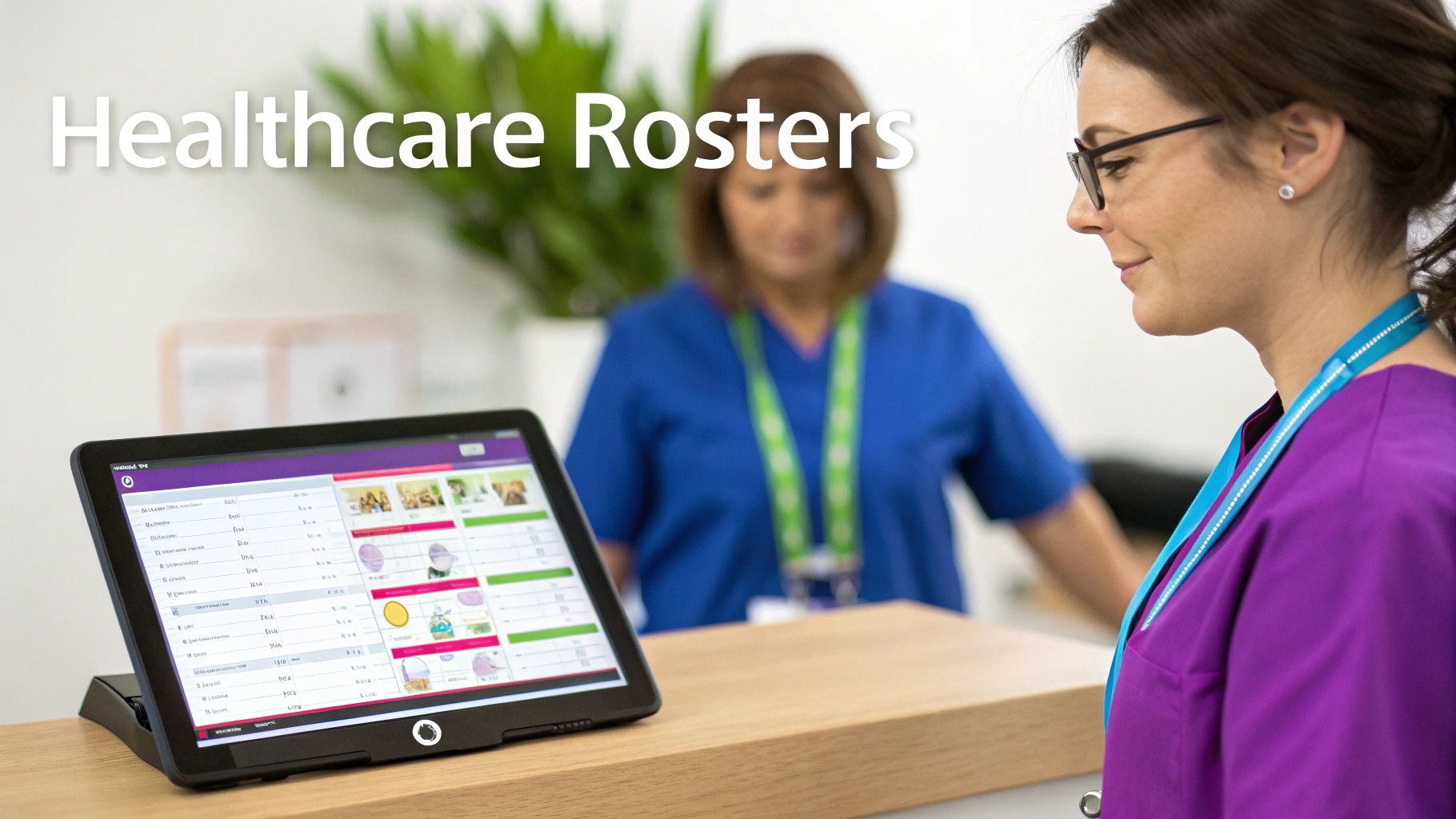 A healthcare worker using a tablet to manage schedules with a patient in the background.