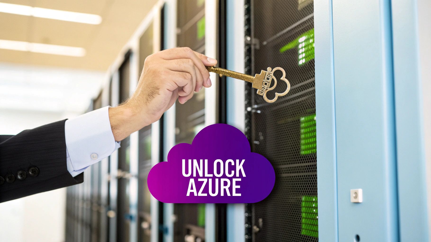 A hand holds a stylized key in front of server racks, with an 'UNLOCK AZURE' cloud graphic.