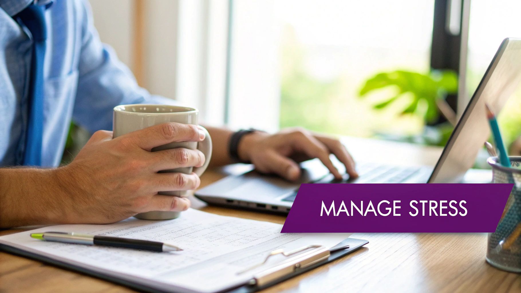 A person meditates in a calm office environment, demonstrating a healthy way to handle work stress.