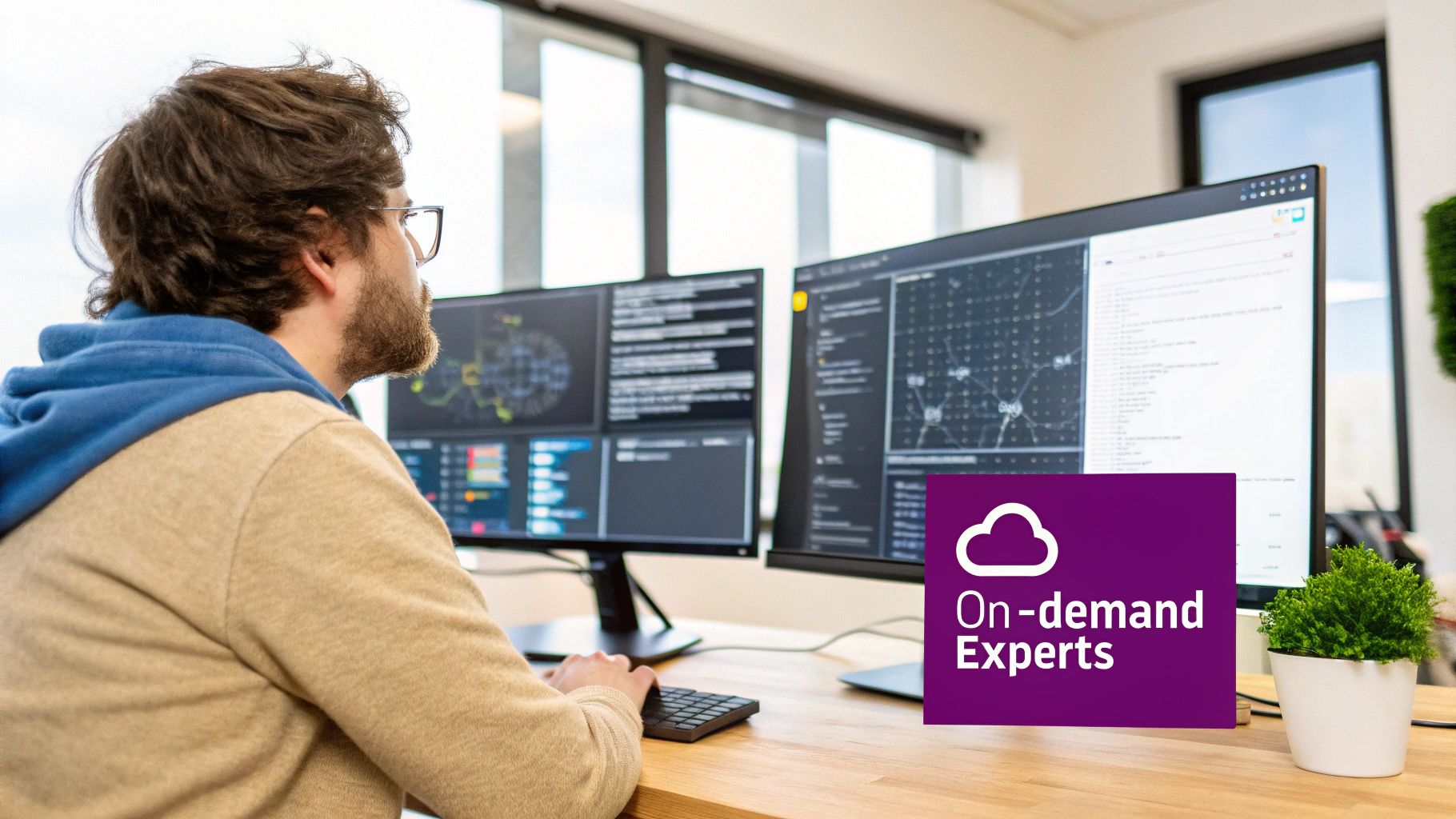 Man with glasses and hoodie working on multiple computer monitors displaying data and code.