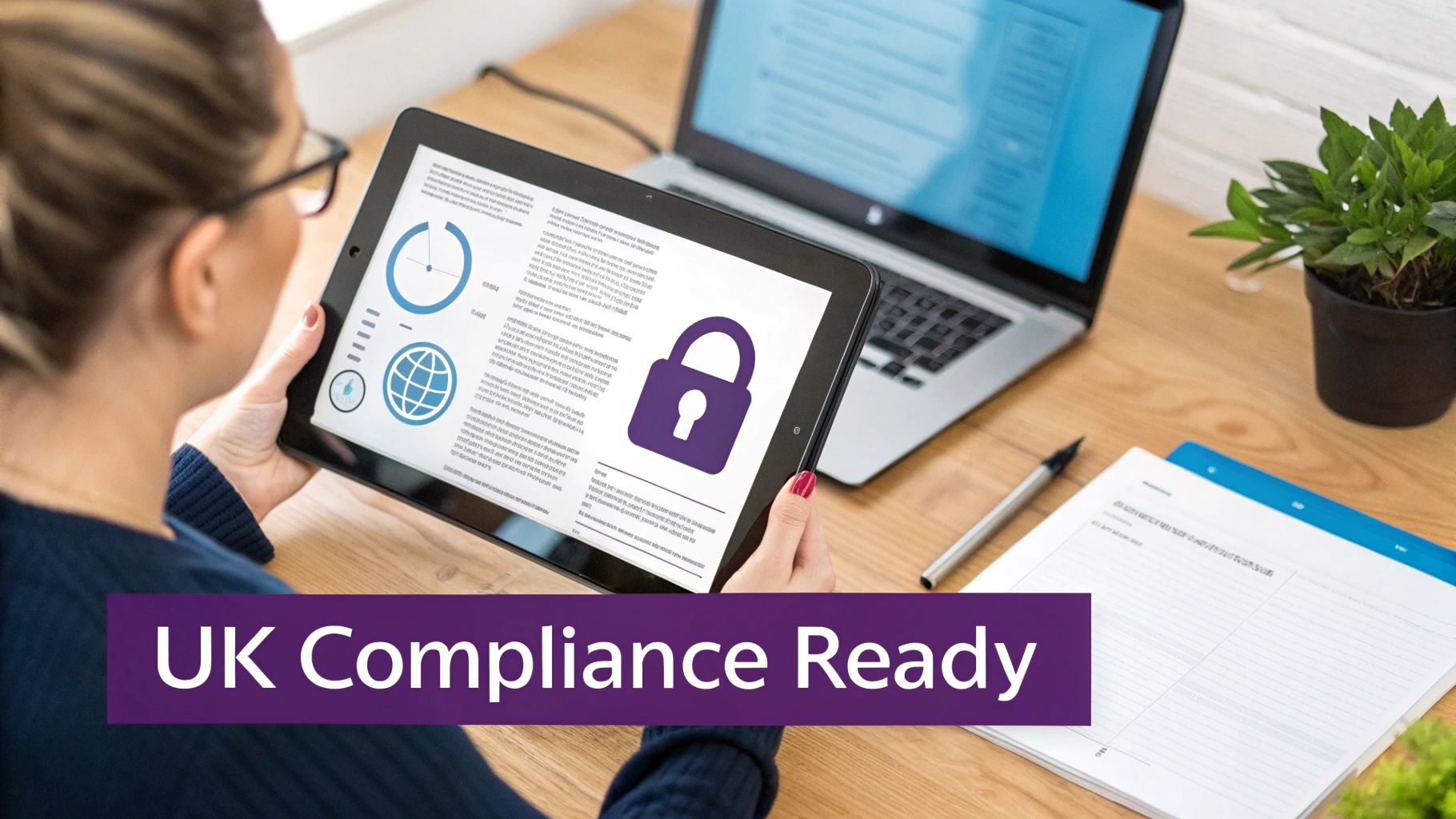 A person views a tablet displaying data charts, a globe, and a purple padlock icon, indicating digital security and UK compliance.