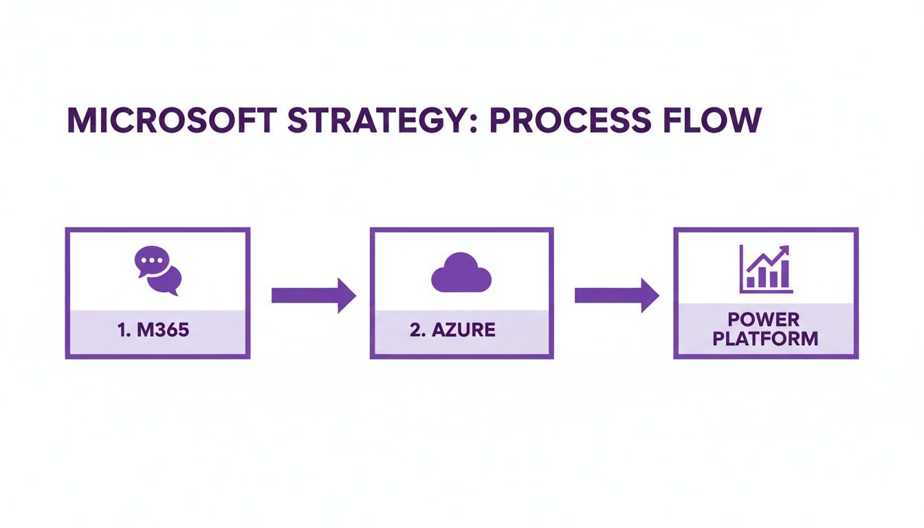 A purple-themed diagram illustrates the Microsoft strategy process flow, showing M365 leading to Azure, then to Power Platform.