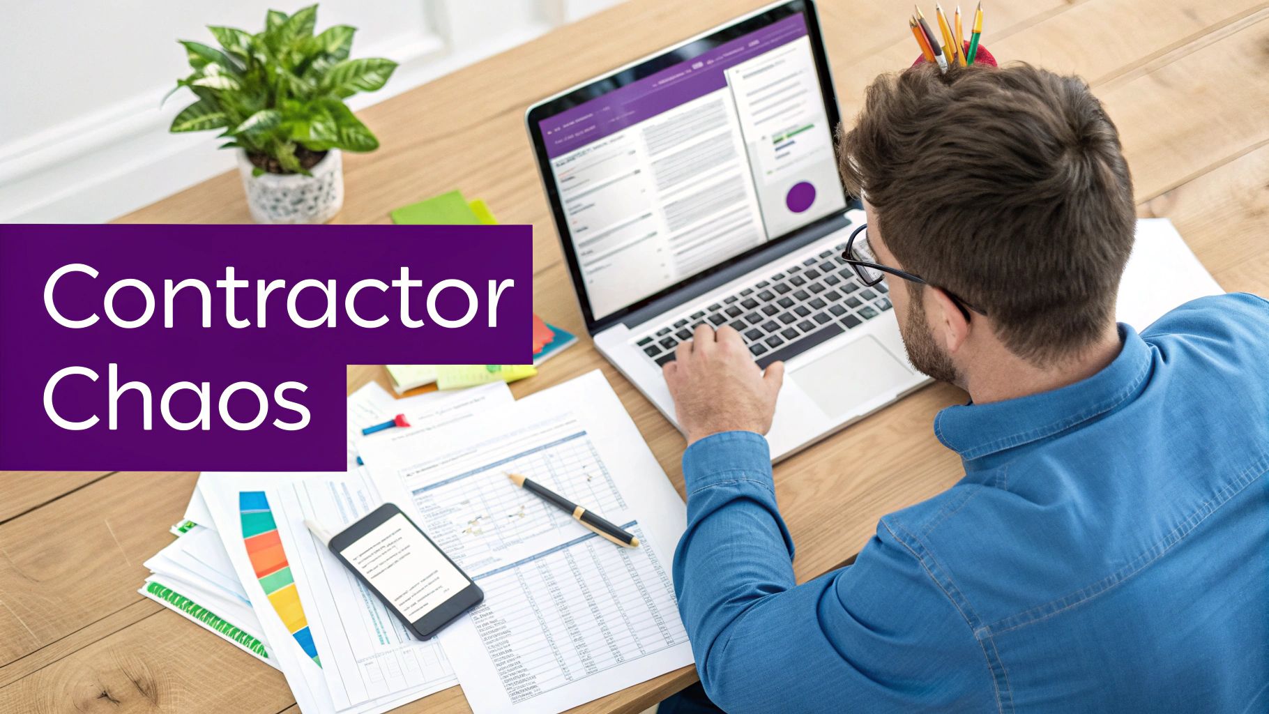 Overhead view of a man working on a laptop and documents at a cluttered desk, with 'Contractor Chaos' text.
