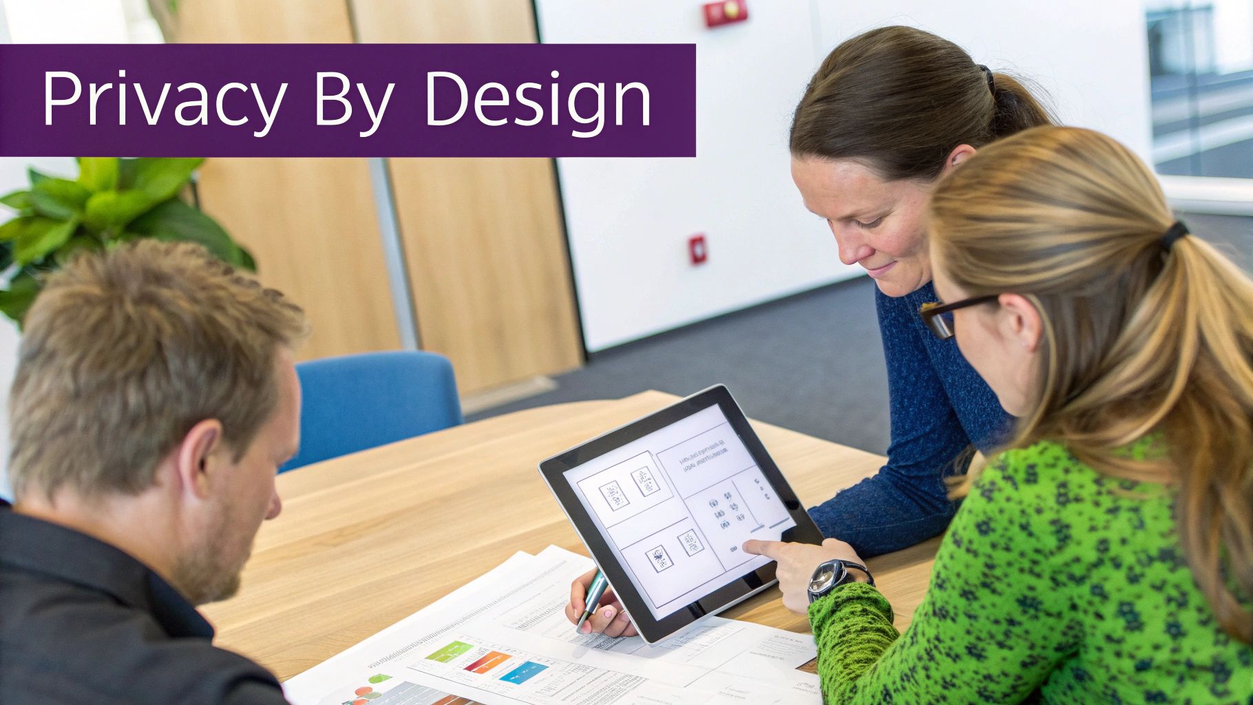 Three colleagues discuss data protection strategies, analysing information on a tablet and documents.