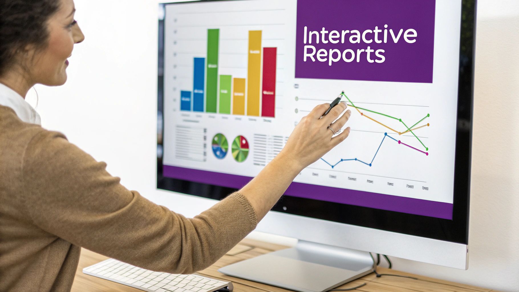 Smiling woman pointing at an interactive data report on a computer screen with a stylus.