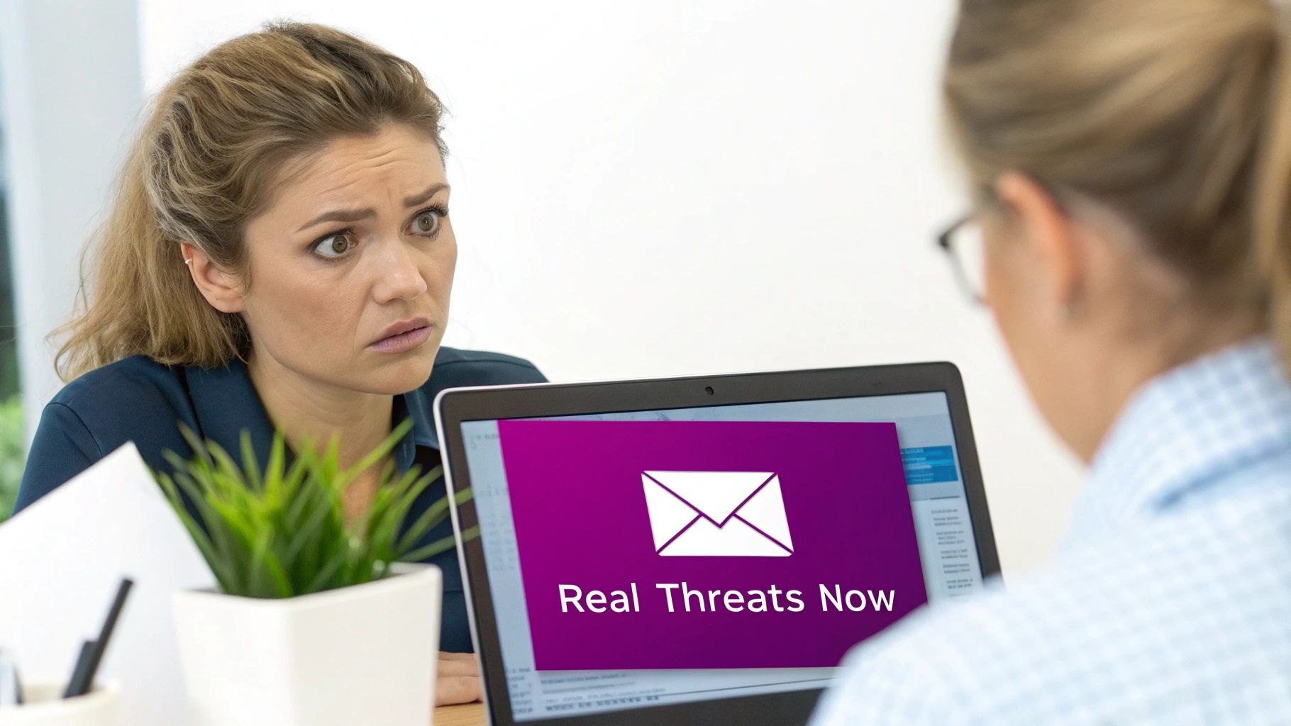 Worried woman looks at a laptop displaying 'Real Threats Now' with an email icon, indicating a cyber threat.