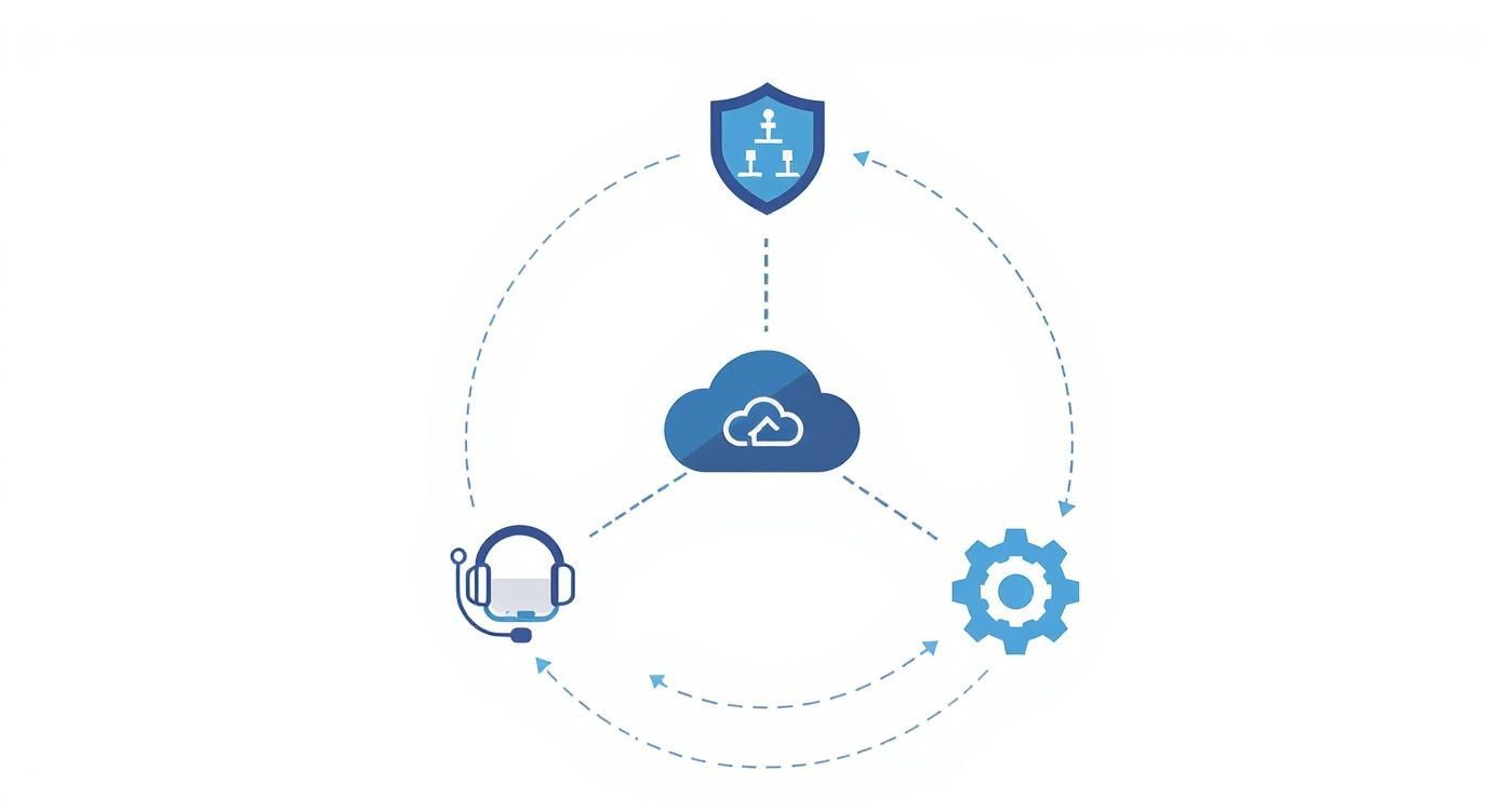 A blue diagram illustrating managed cloud computing services connecting cloud to security, support, and operations icons.