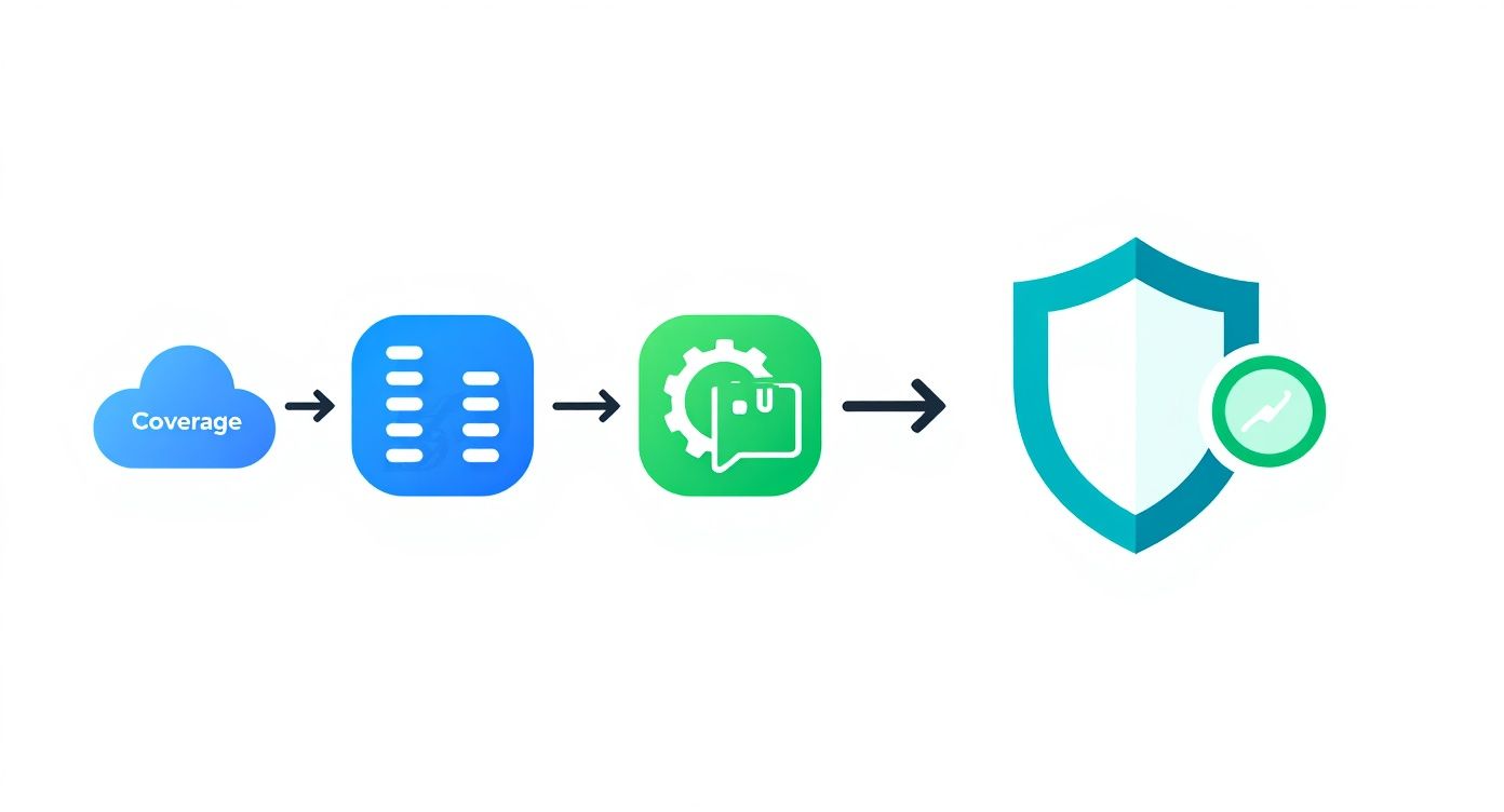 Infographic showing a process flow for choosing a backup solution, with icons for Coverage, and Security.