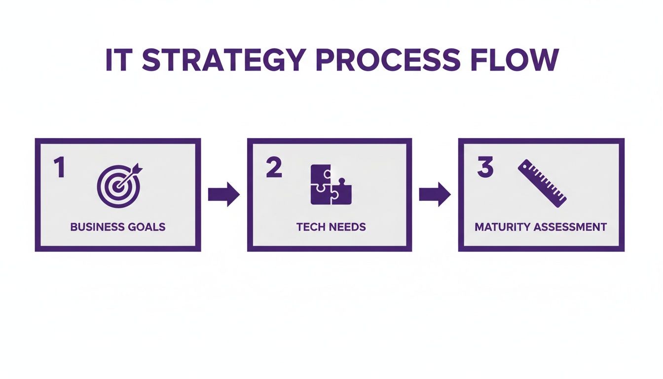 A visual IT strategy process flow showing business goals, tech needs, and maturity assessment steps.