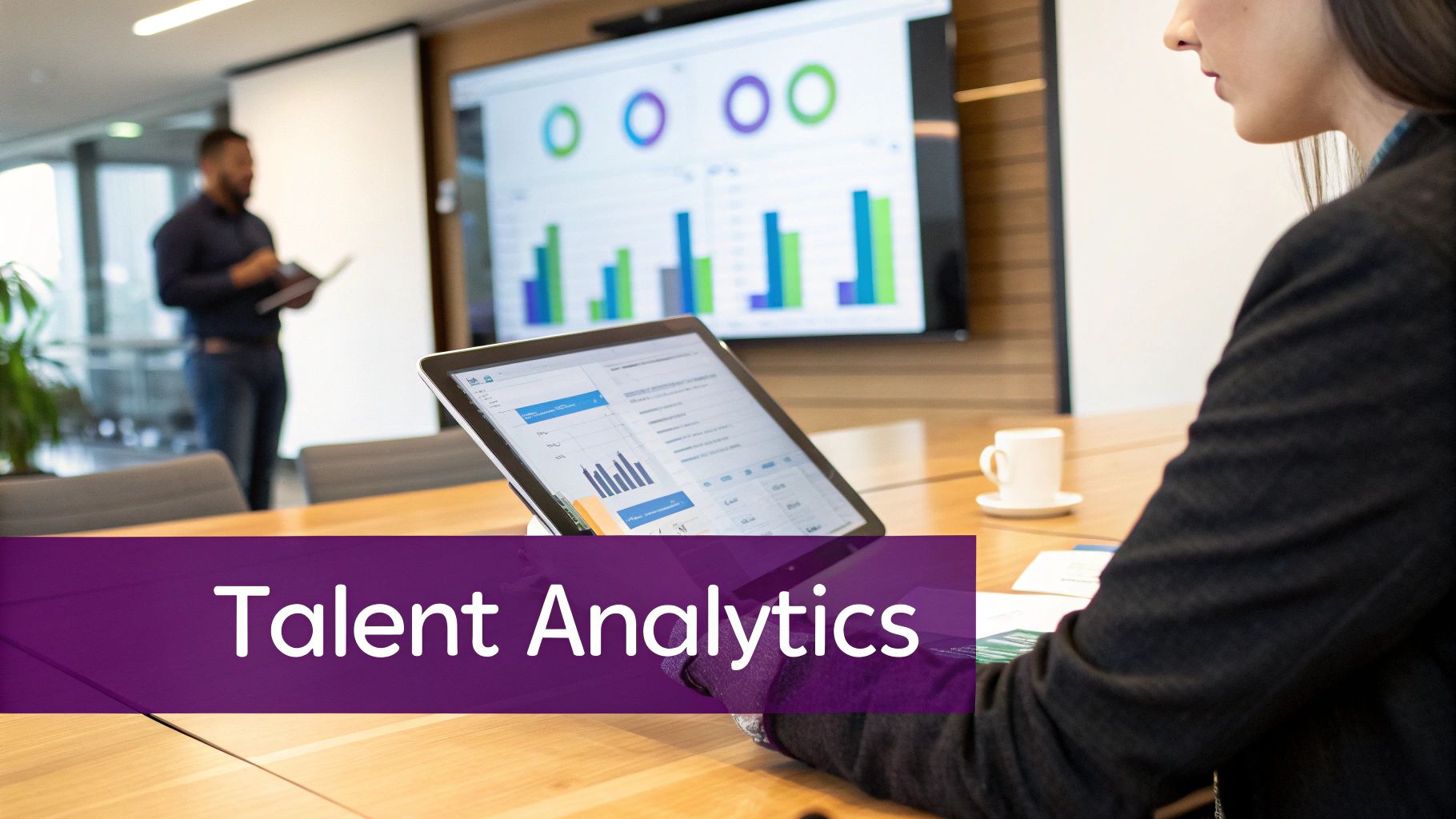 Professionals in a meeting room viewing talent analytics data on a tablet and large screen.