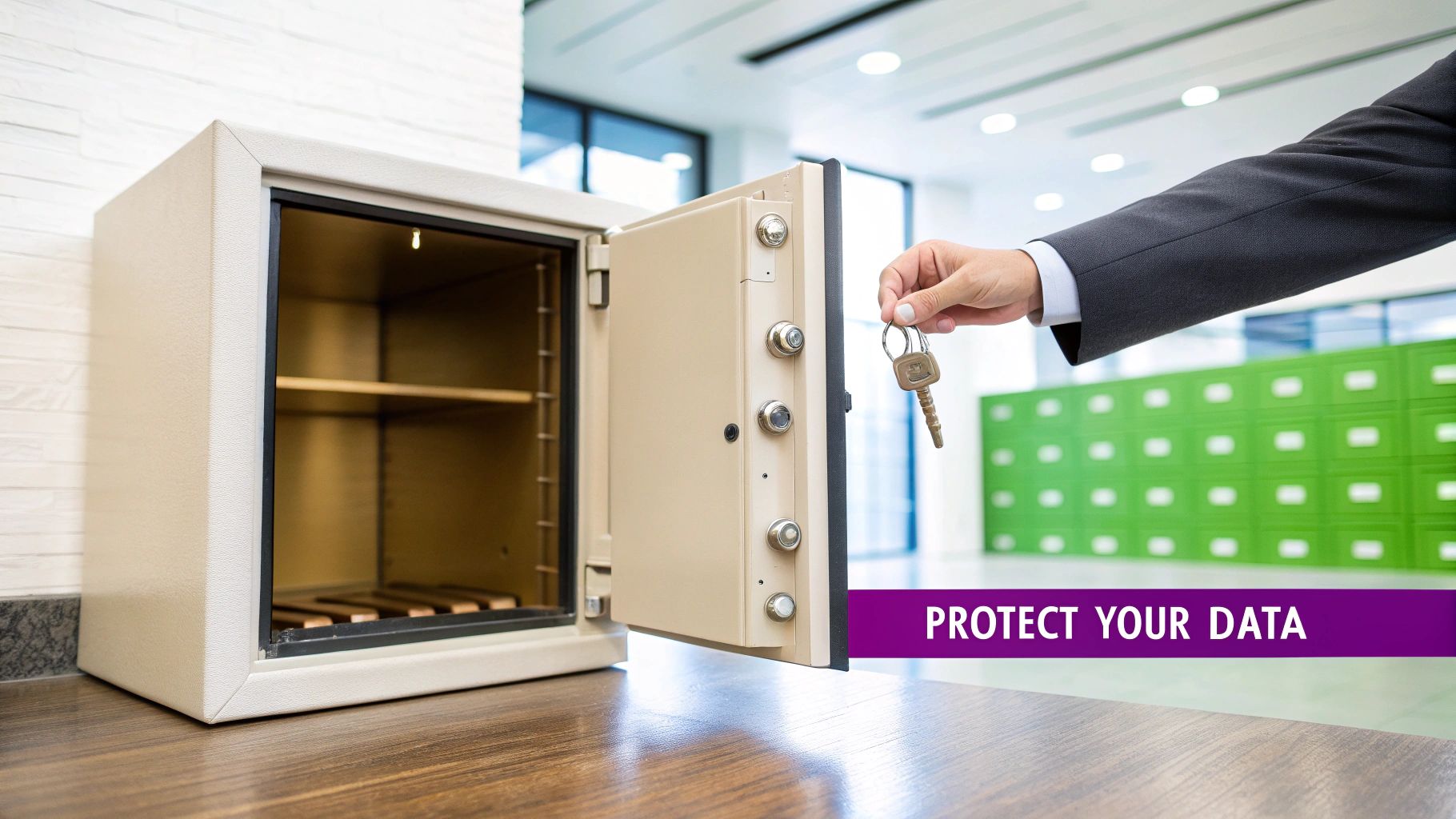A hand holding keys in front of an open security safe, symbolizing data protection and security.