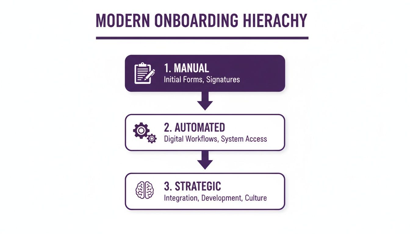 A modern onboarding hierarchy flowchart showing three stages: Manual, Automated, and Strategic processes.