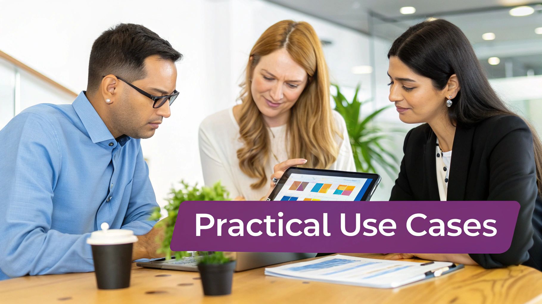 Three diverse business professionals collaborating on data analysis on a tablet in an office setting.