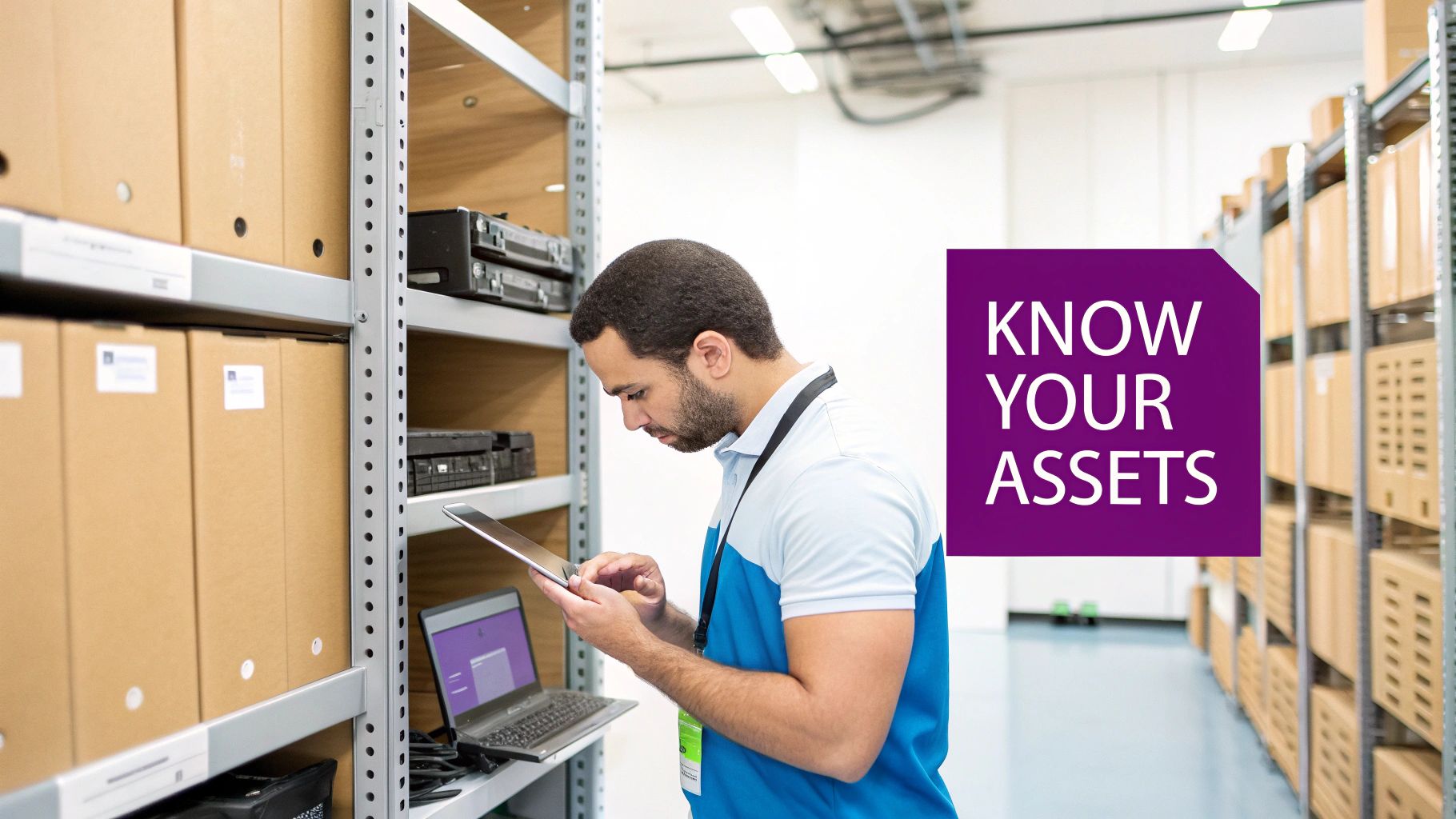 Warehouse worker using tablet to conduct IT asset inventory management in storage facility