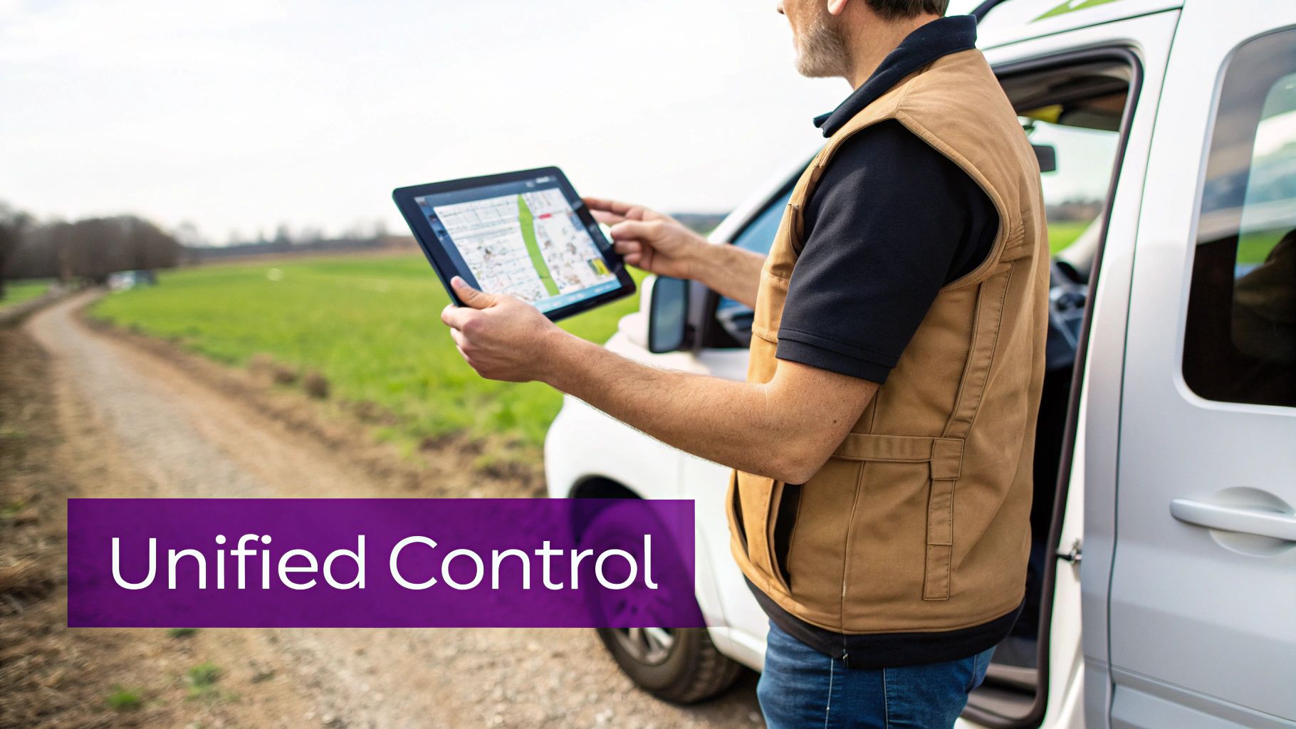 A field service technician using a tablet to manage a work order.