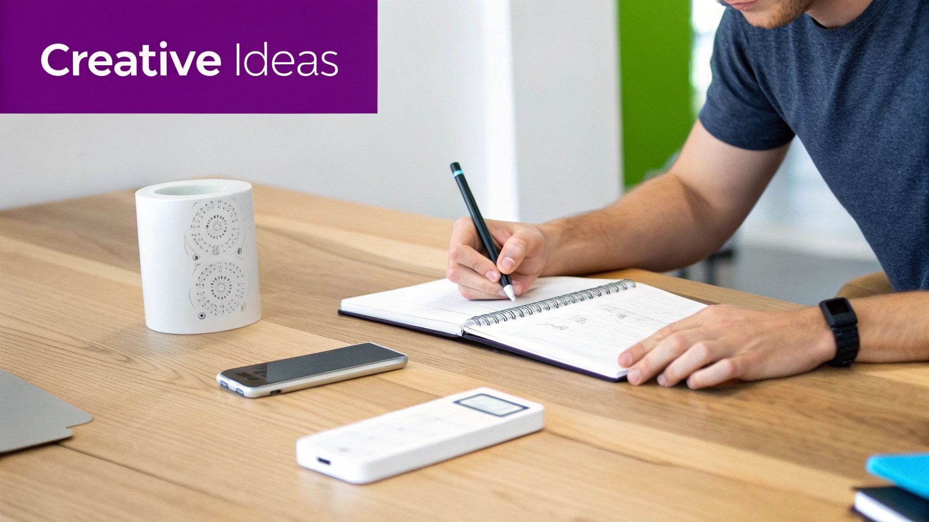 A person writes in a notebook on a wooden desk with a phone and other creative tools. Text: 'Creative Ideas'.