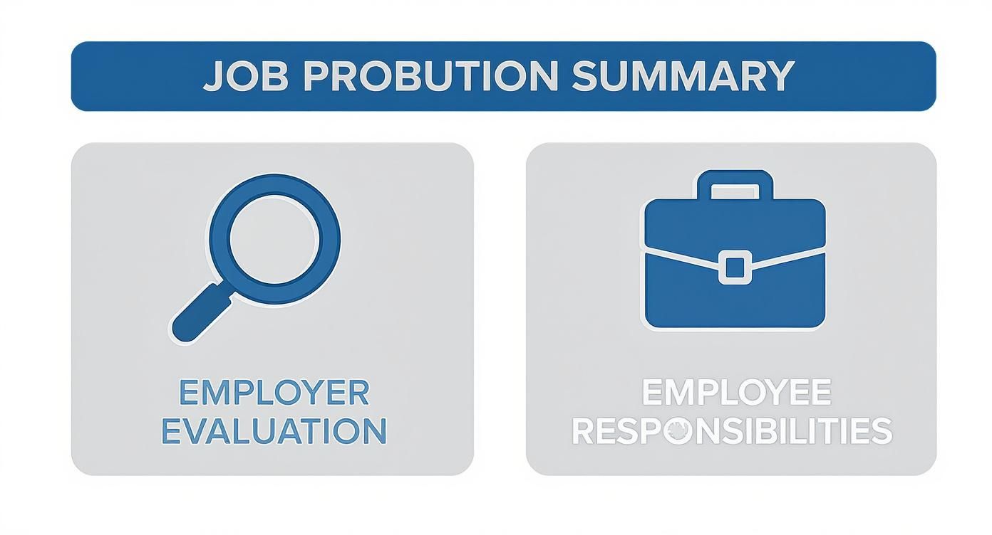 A graphic titled 'JOB PROBATION SUMMARY' showing employer evaluation with a magnifying glass and employee responsibilities with a briefcase.