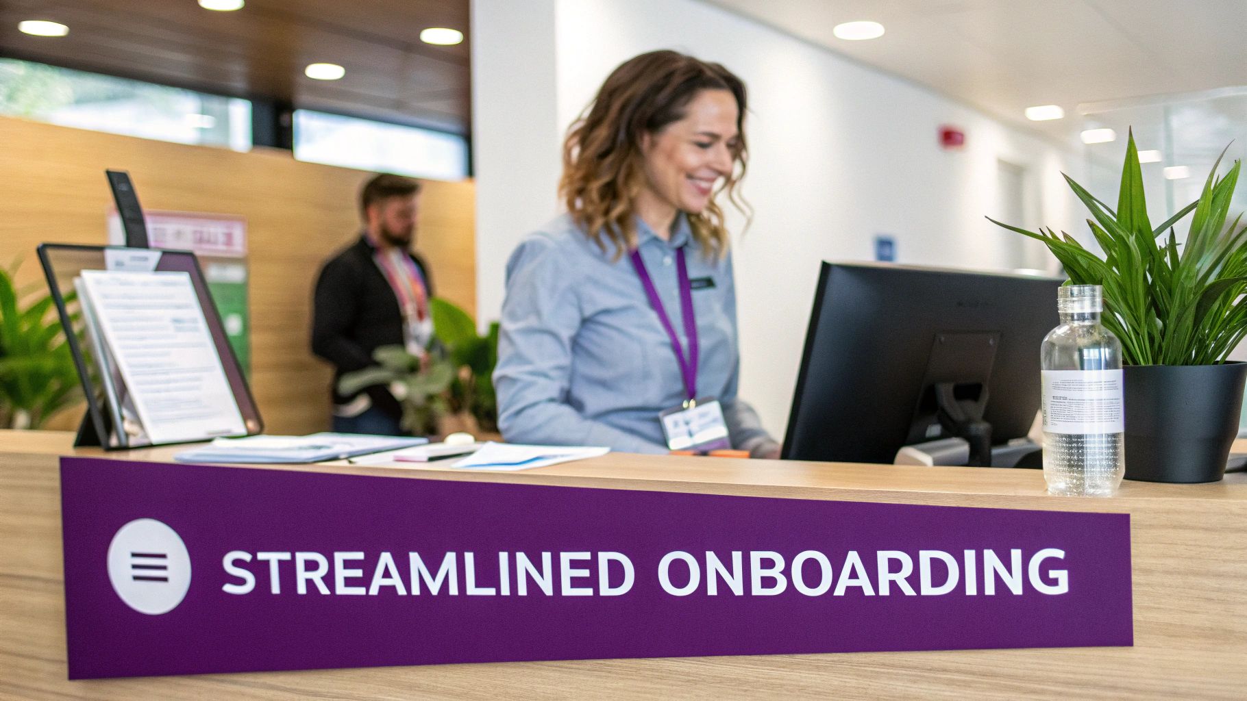 Professional receptionist at modern onboarding desk helping new employees with streamlined registration process