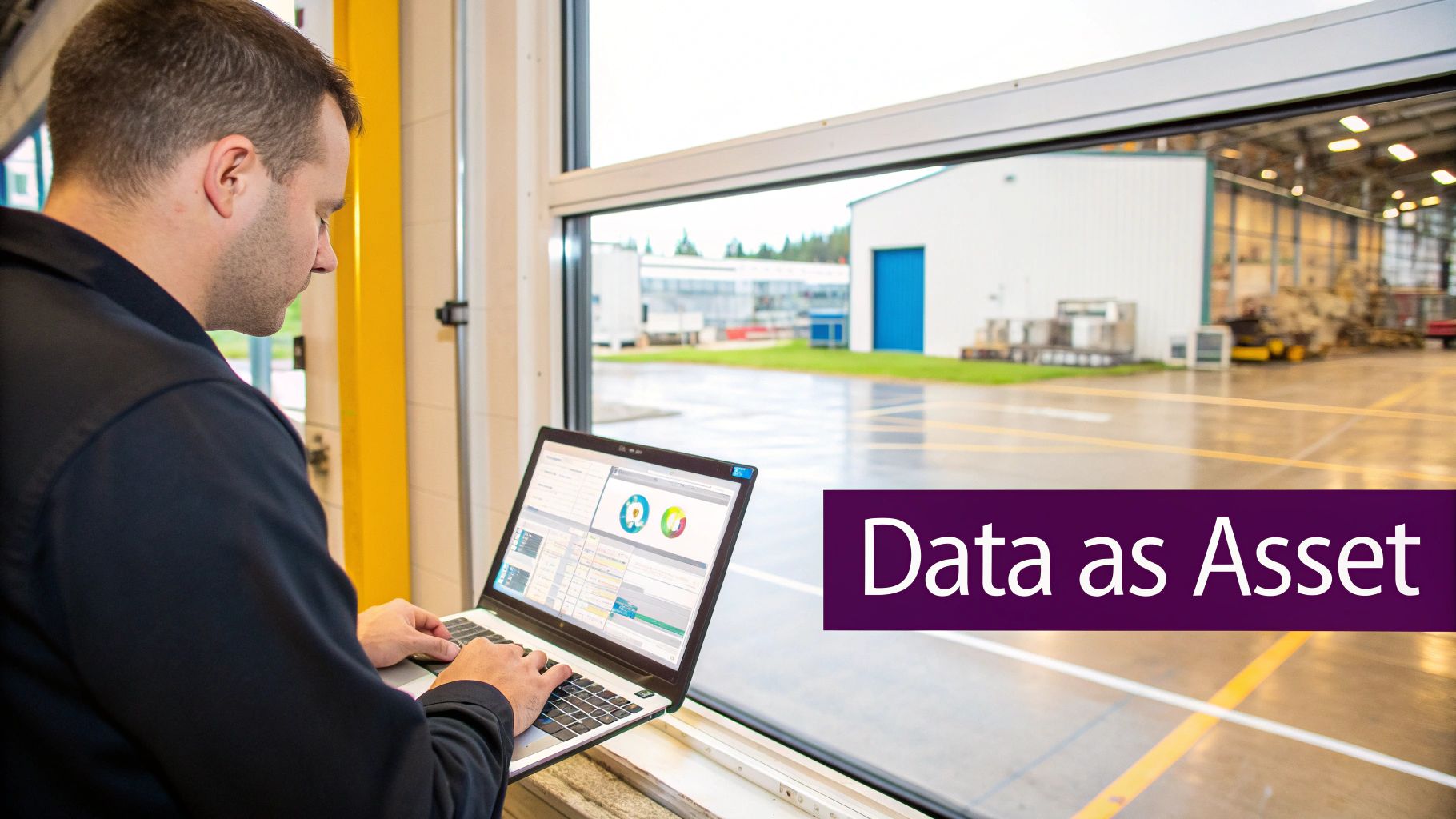 Man working on a laptop with data visualizations by a window overlooking an industrial facility.