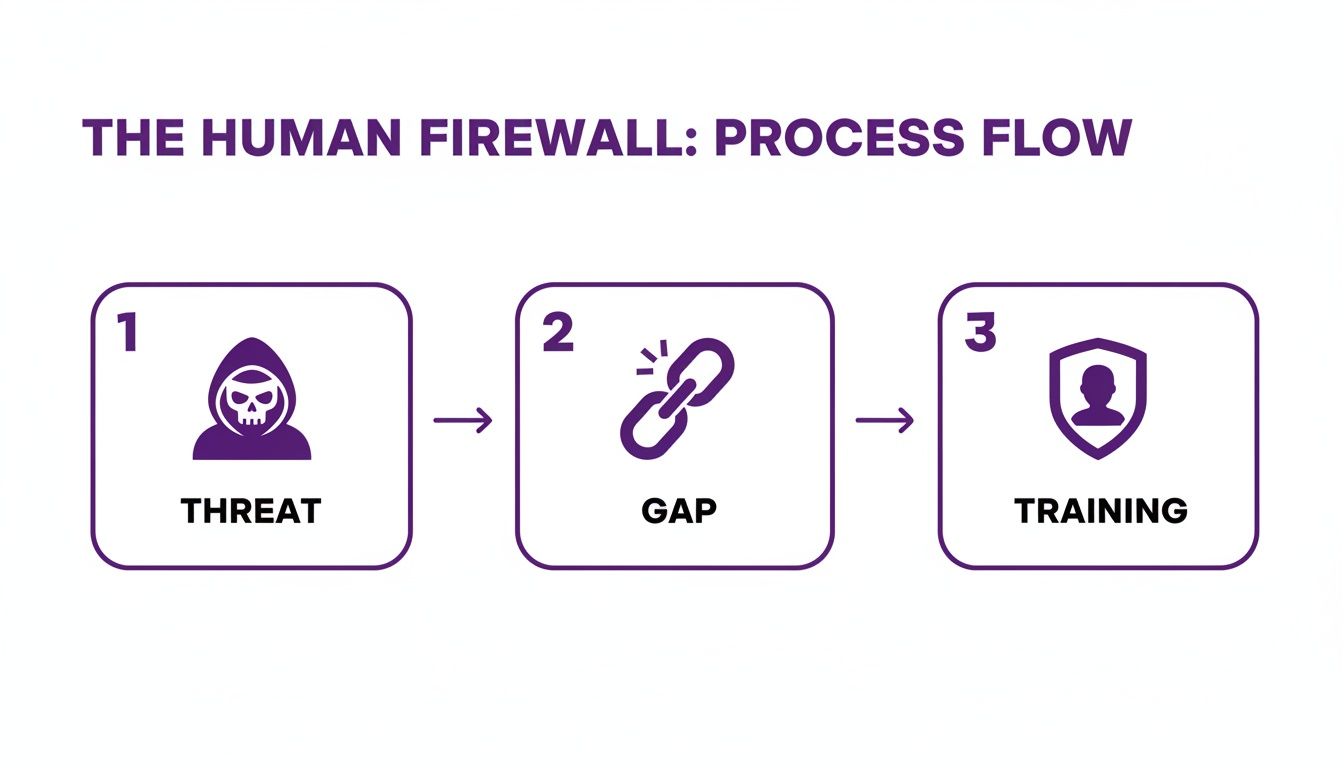A process flow diagram illustrating 'The Human Firewall' concept with steps: Threat, Gap, and Training.