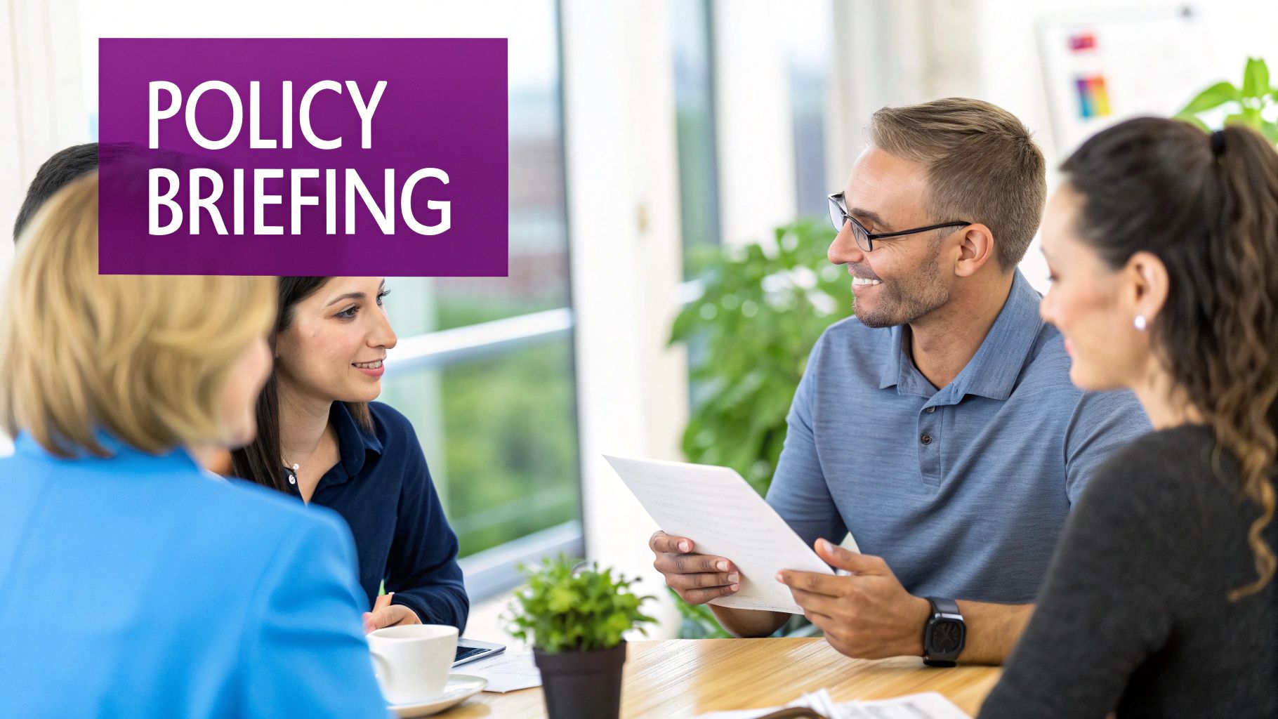 Diverse professionals engaging in a policy briefing, discussing documents in a bright office.