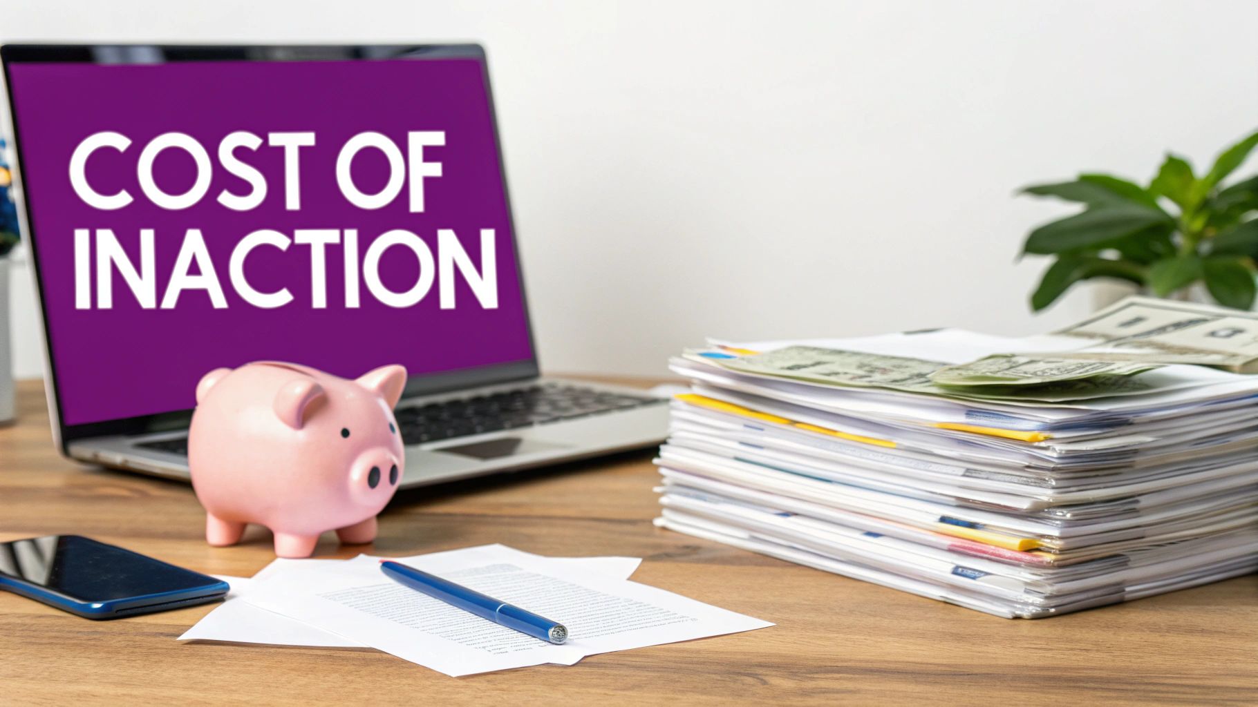 Laptop screen displaying 'COST OF INACTION' with a piggy bank, money, and documents on a desk.