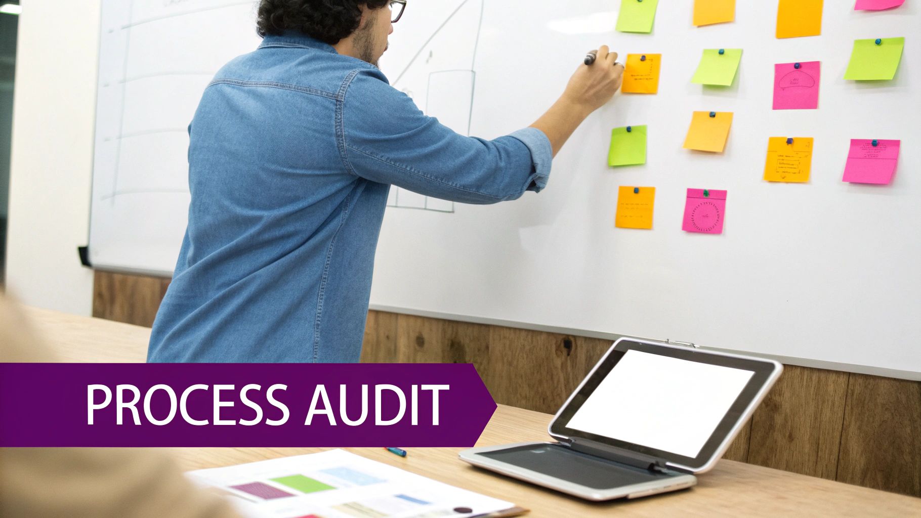 A man in a denim shirt writes on a whiteboard covered with colorful sticky notes for a process audit.