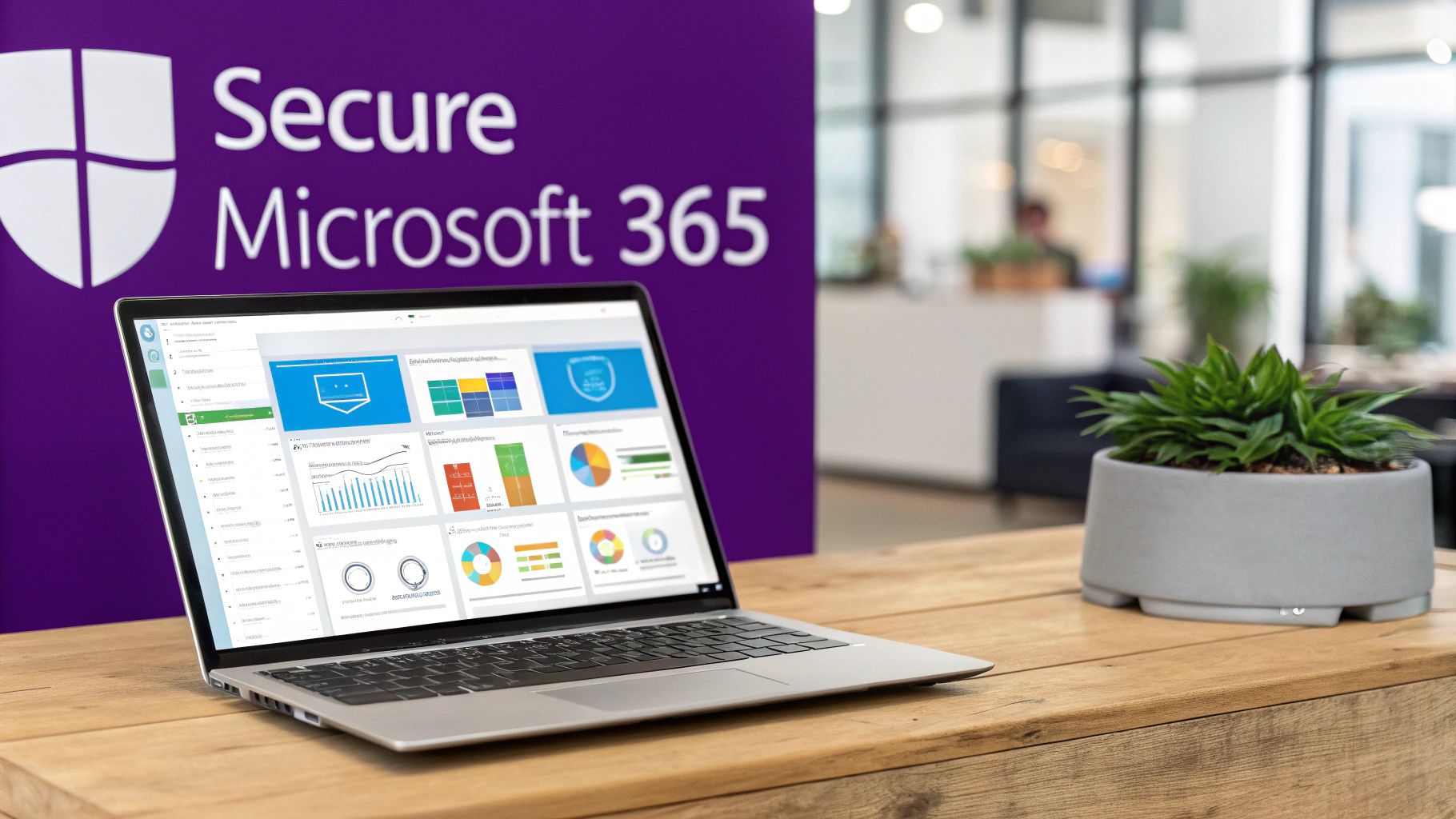 A laptop shows a Microsoft 365 security dashboard on a wooden desk with a plant and a purple banner.