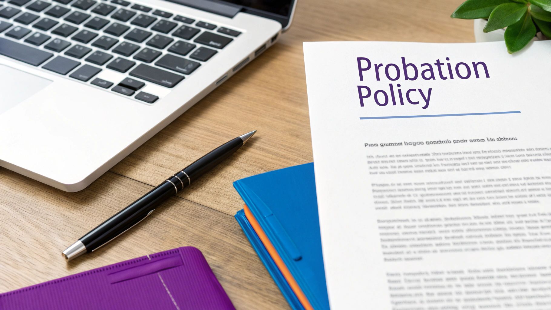 A document titled 'Probation Policy' on a wooden desk with a laptop, pen, and folders.