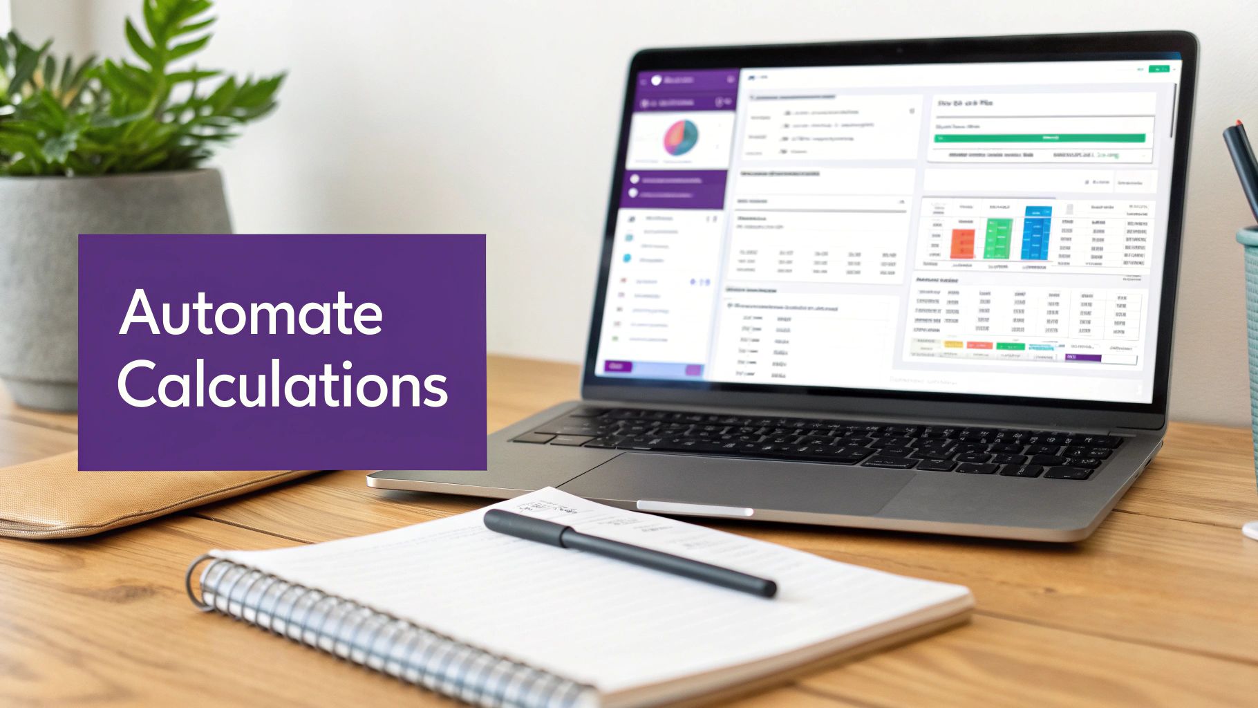 A laptop screen displays a data dashboard with charts and tables, with text 'Automate Calculations'.