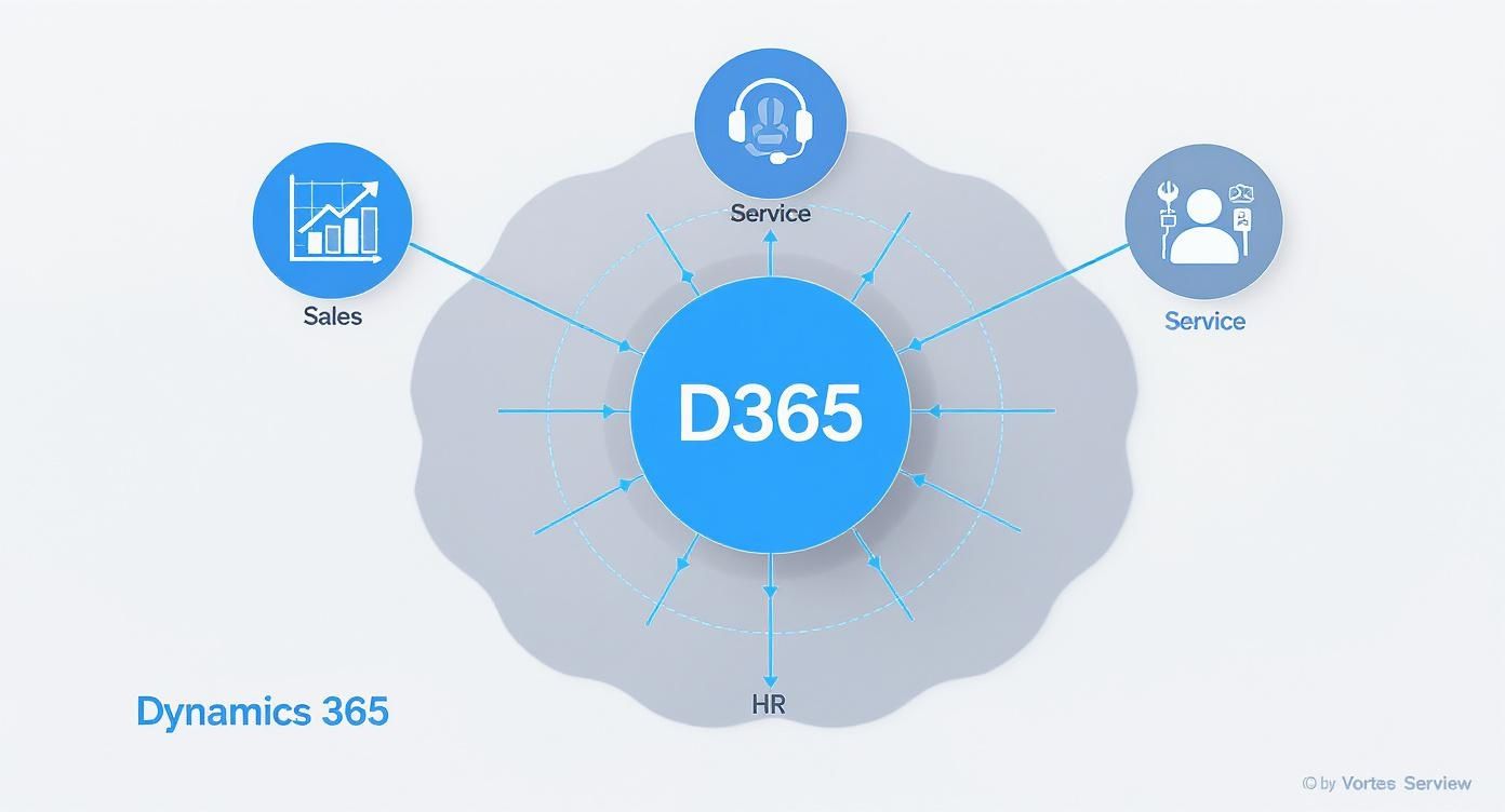 Microsoft Dynamics 365 platform diagram showing integration between Sales, Service, and HR modules