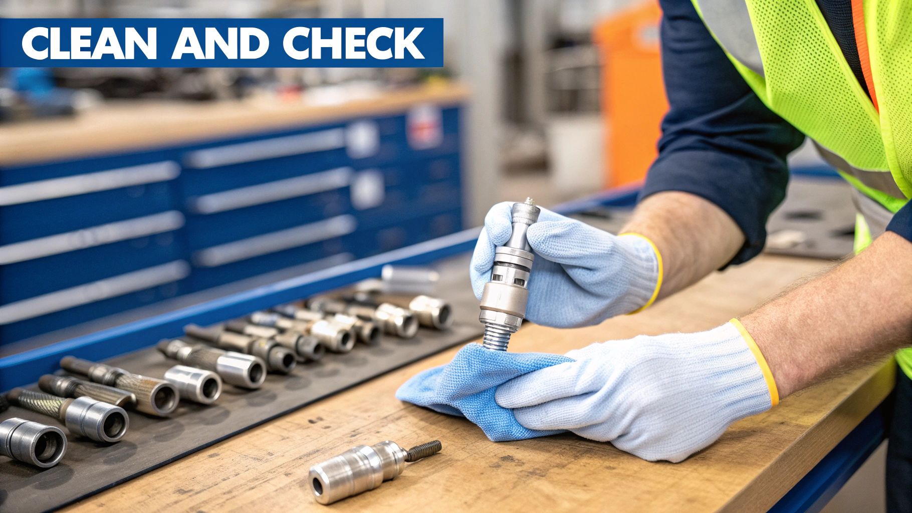 A gloved worker cleans a metal hydraulic quick release coupler on a wooden workbench.