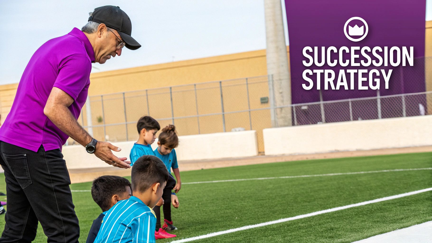 An adult coach in a purple shirt instructs young children on a green soccer field near a 'SUCCESSION STRATEGY' banner.