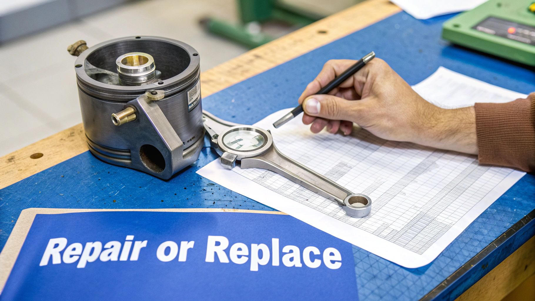 A person inspects mechanical piston and connecting rod parts with a gauge, documenting measurements for repair or replacement.