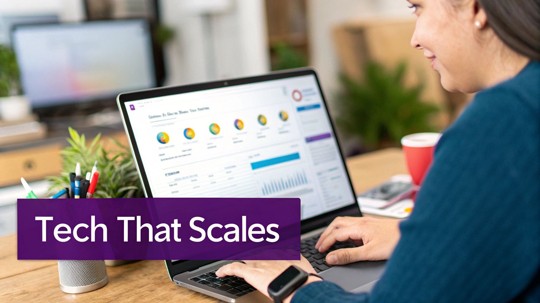 A smiling person uses a laptop displaying charts and data, embodying 'Tech That Scales' in an office.