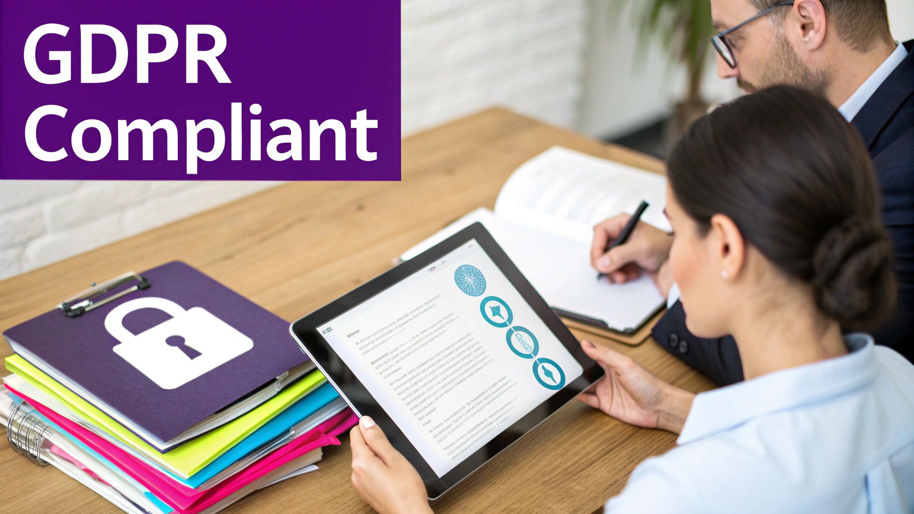 Professionals review GDPR compliance on a tablet, with a padlock folder highlighting data security.
