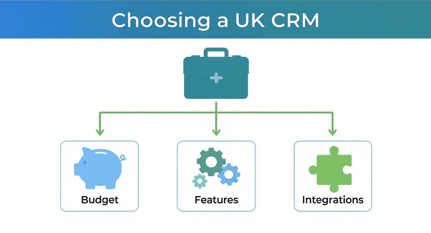 Flowchart showing three key factors for choosing UK CRM: budget, features, and integrations